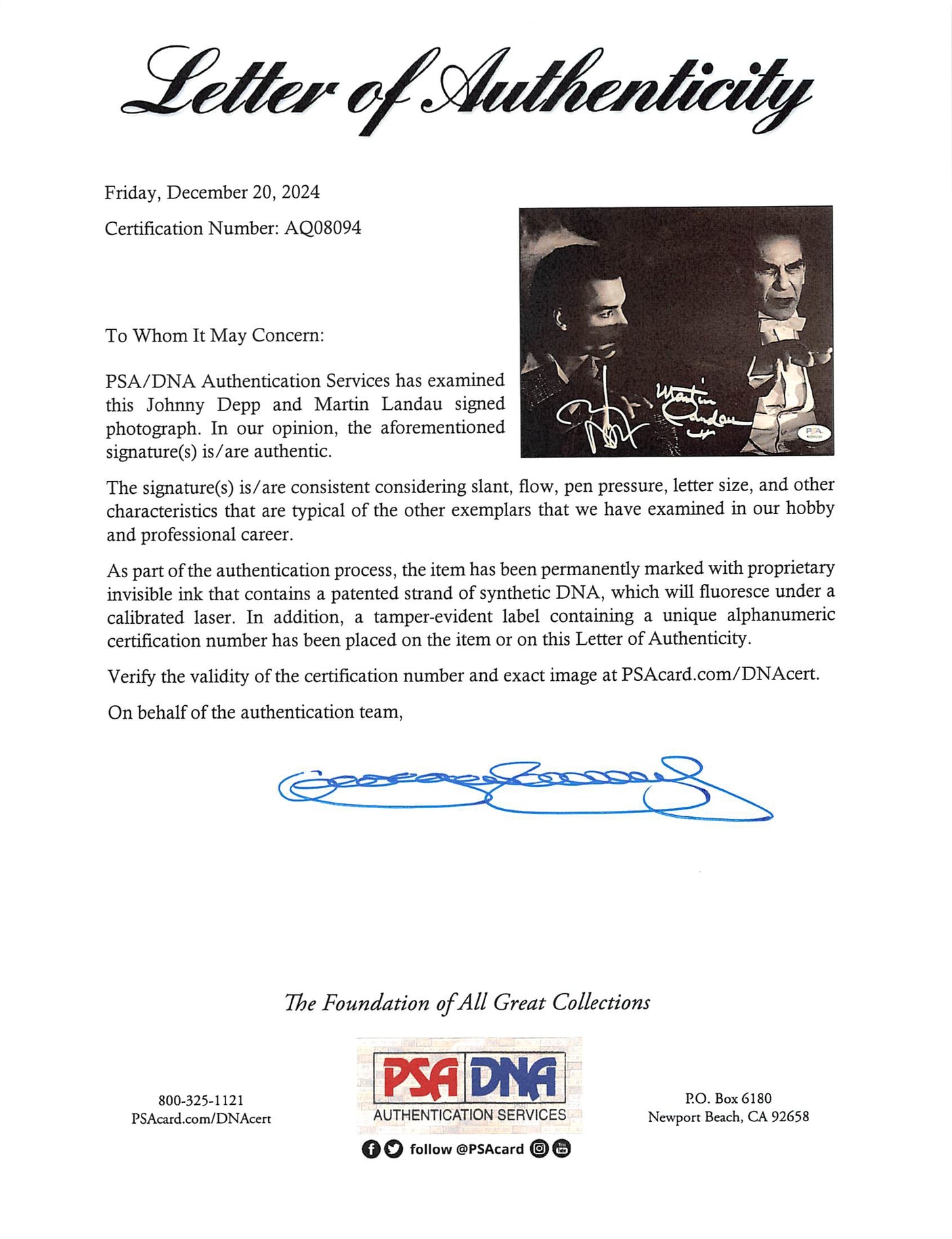 Johnny Depp & Martin Landau Ed Wood Authentic Signed 8x10 Photo PSA/DNA #AQ08094