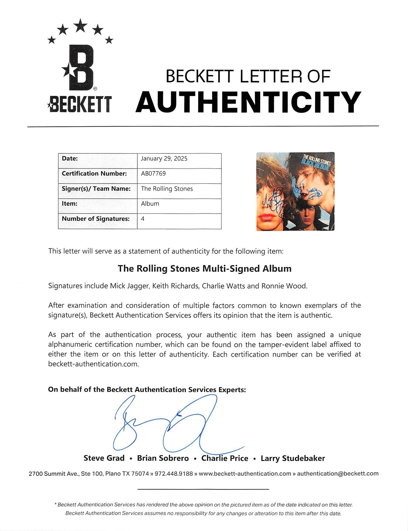 Rolling Stones (4) Jagger, Richards, Wood +1 Signed Album Cover BAS #AB07769