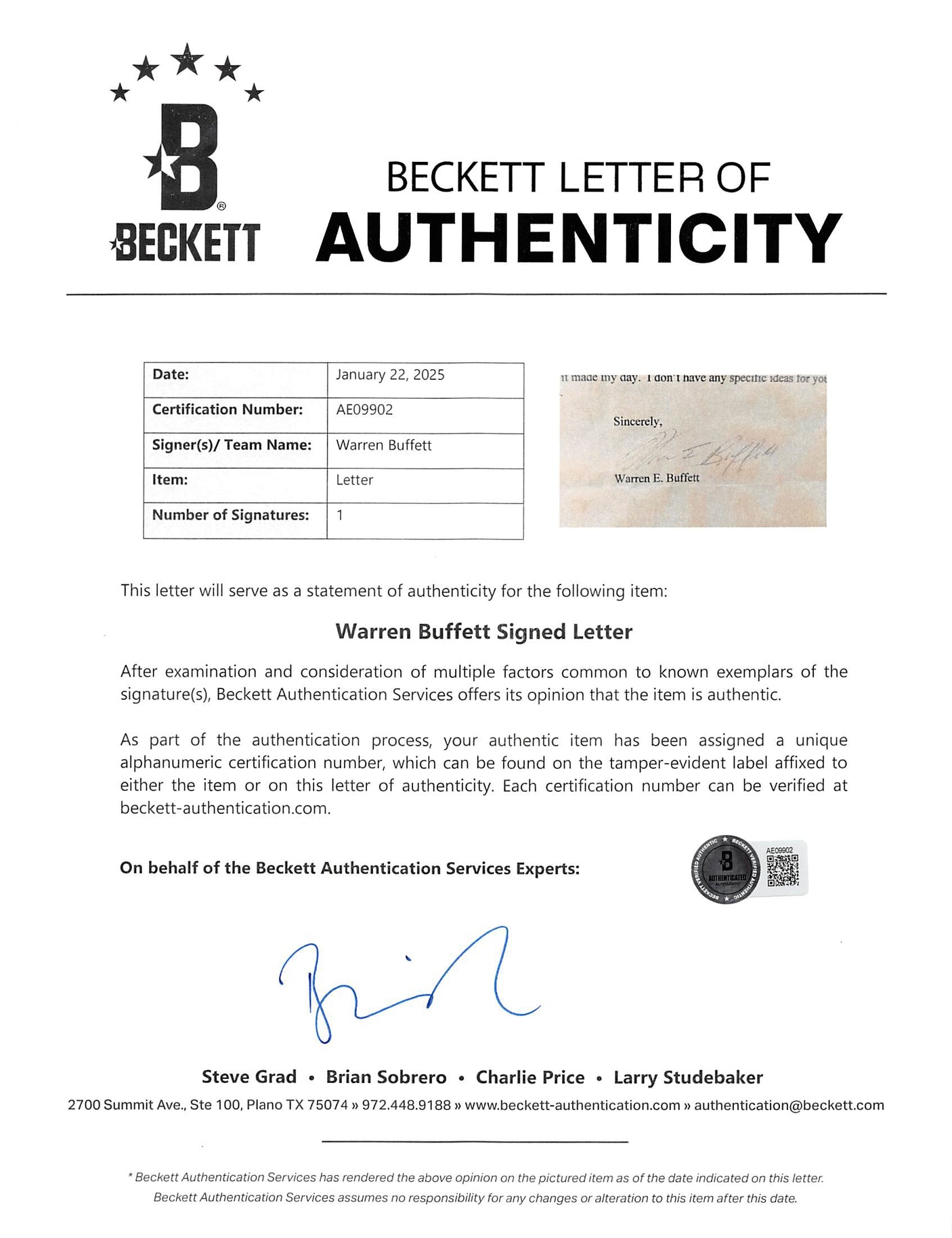 Warren Buffett Signed 8.5x11 Framed Letter On Berkshire Hathaway Letterhead BAS