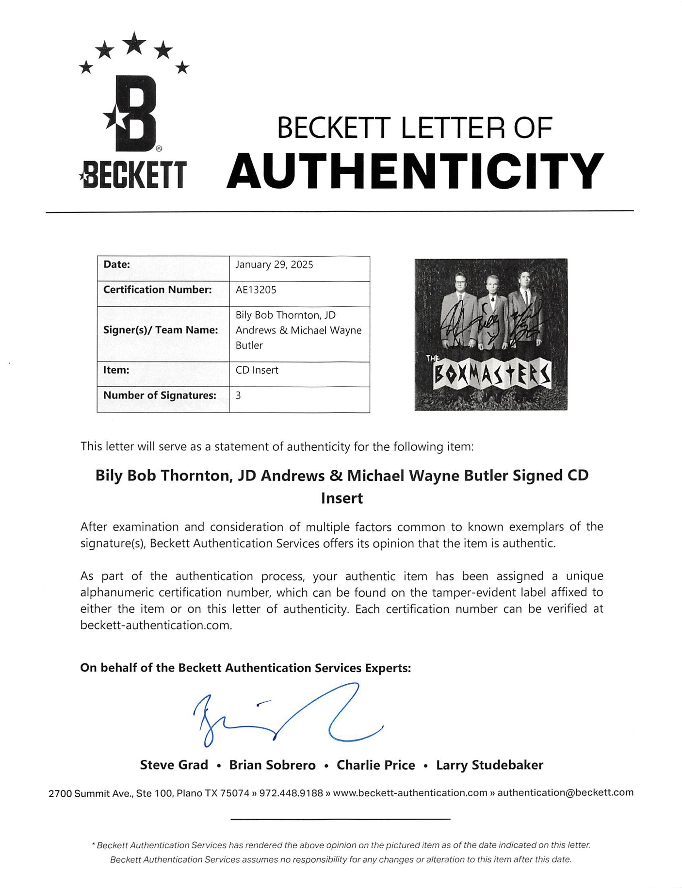 The Boxmasters (3) Thornton, Andrews & Butler Signed CD Insert BAS #AE13205