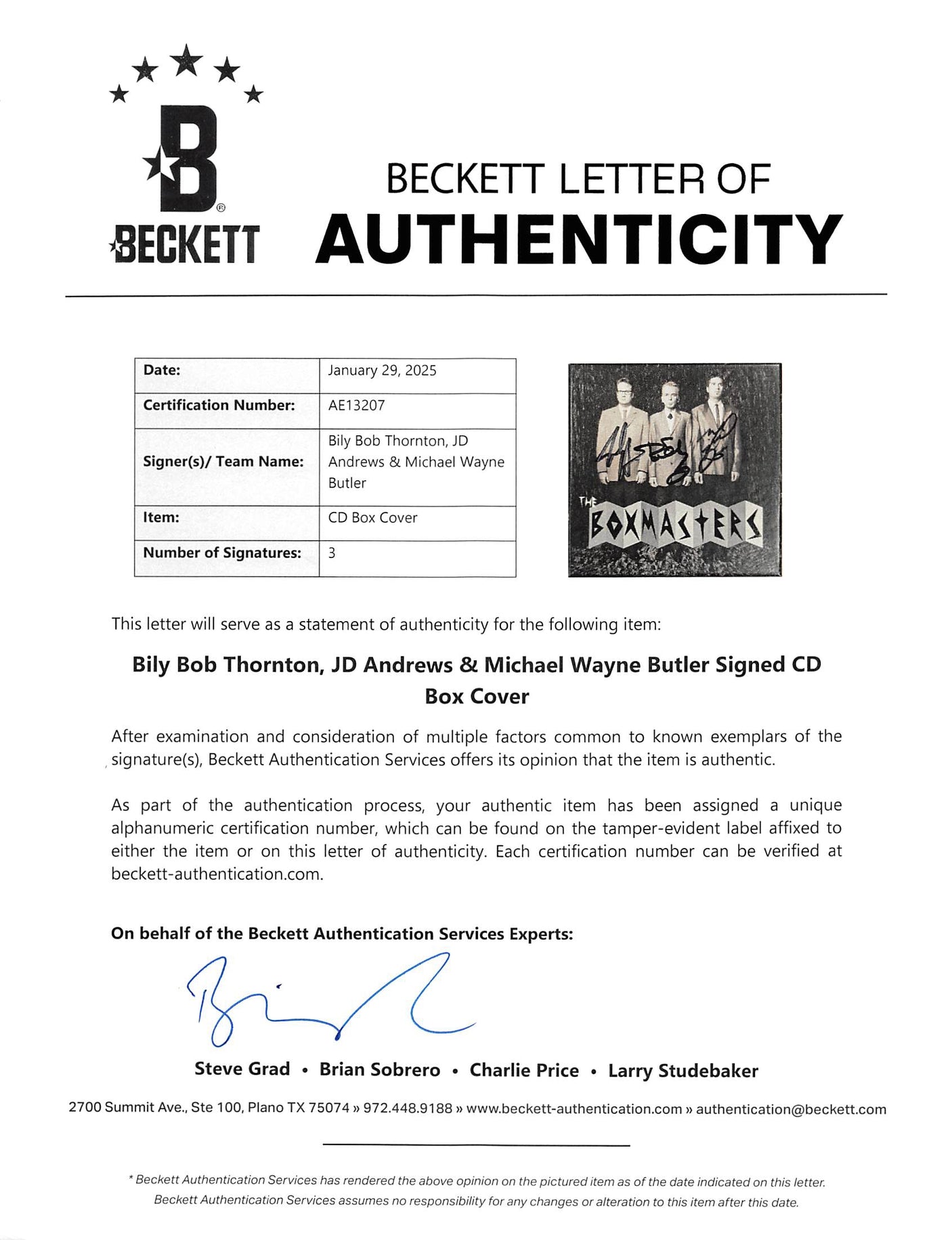 The Boxmasters (3) Thornton, Andrews & Butler Signed CD Box Cover BAS #AE13207