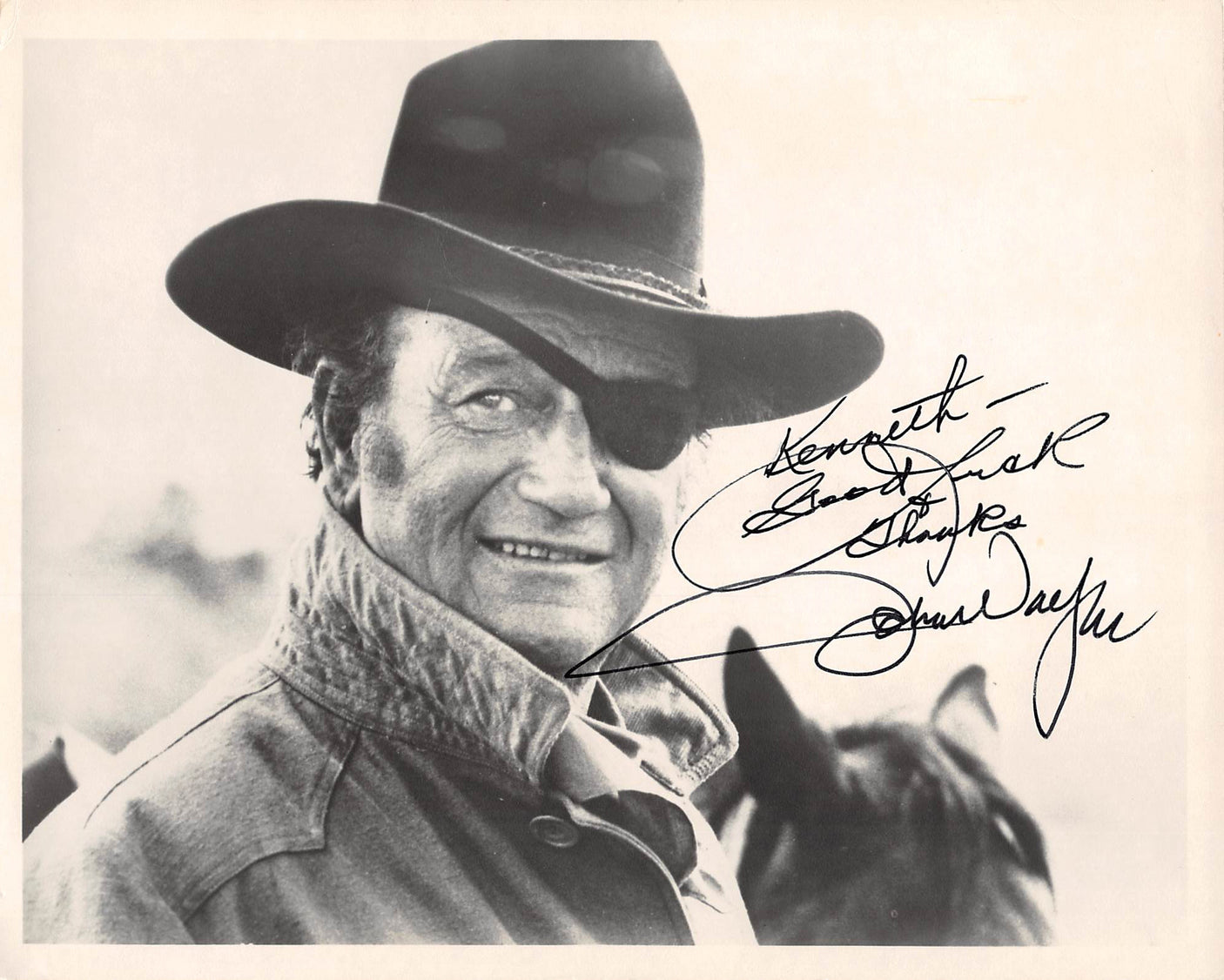John Wayne True Grit "Good Luck" Authentic Signed 8x10 B&W Photo JSA #BB39621