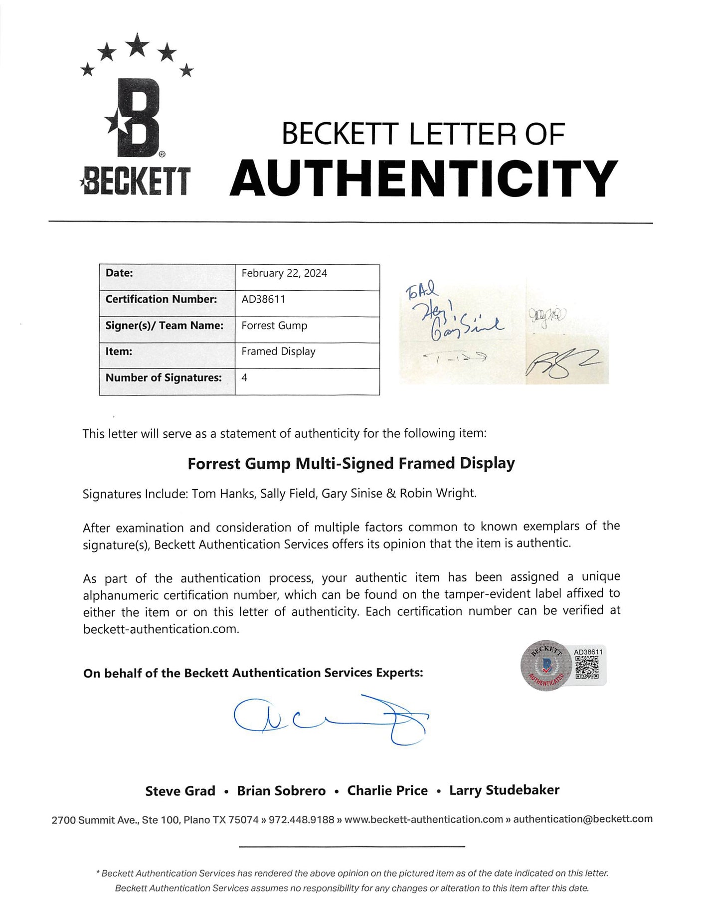 Forrest Gump (4) Hanks, Sinise, Field, Wright Signed Framed Display BAS #AD38611