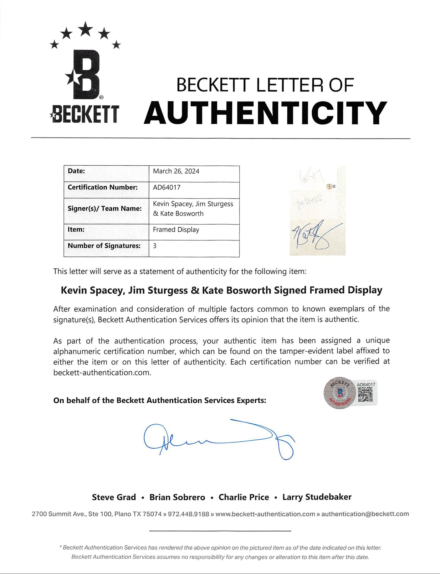 21 (3) Spacey, Sturgess & Bosworth Authentic Signed Framed Display BAS #AD64017