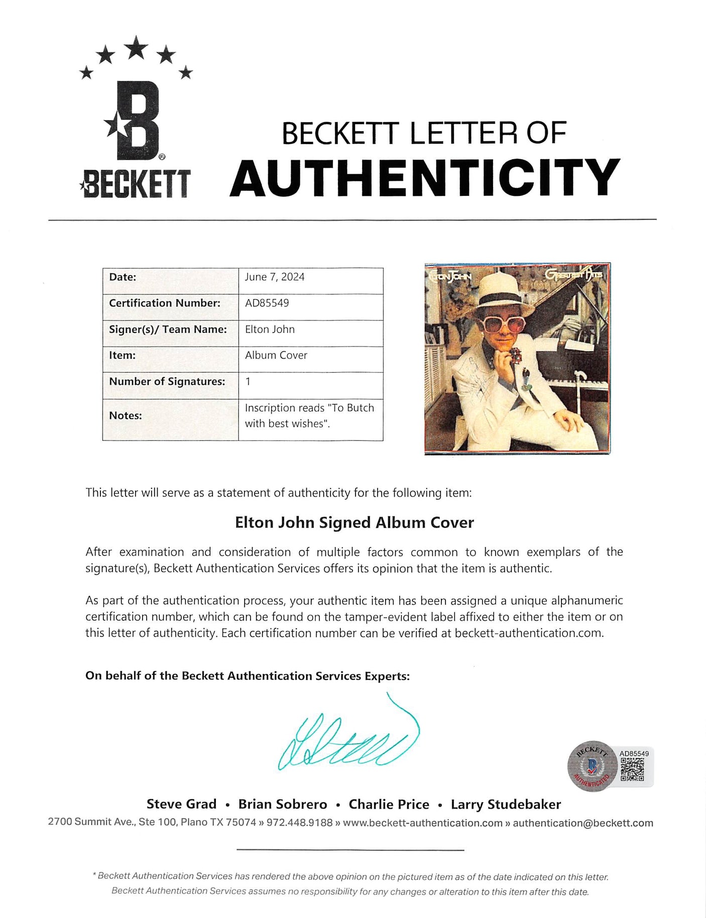 Elton John "Best Wishes" Authentic Signed Greatest Hits Album Cover BAS #AD85549