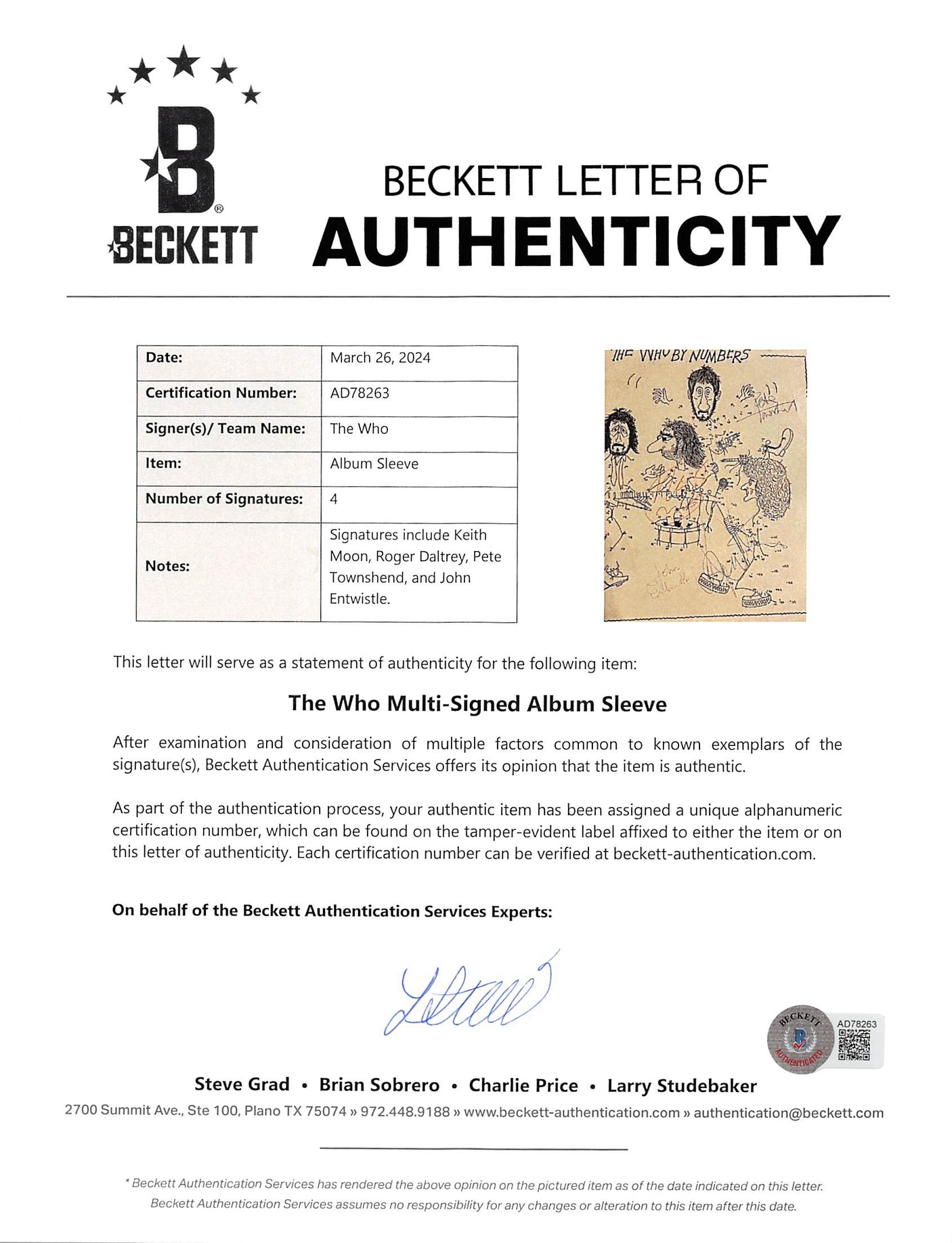 The Who (4) Moon, Entwistle, Townshend & Daltrey Signed Album Cover BAS #AD78263