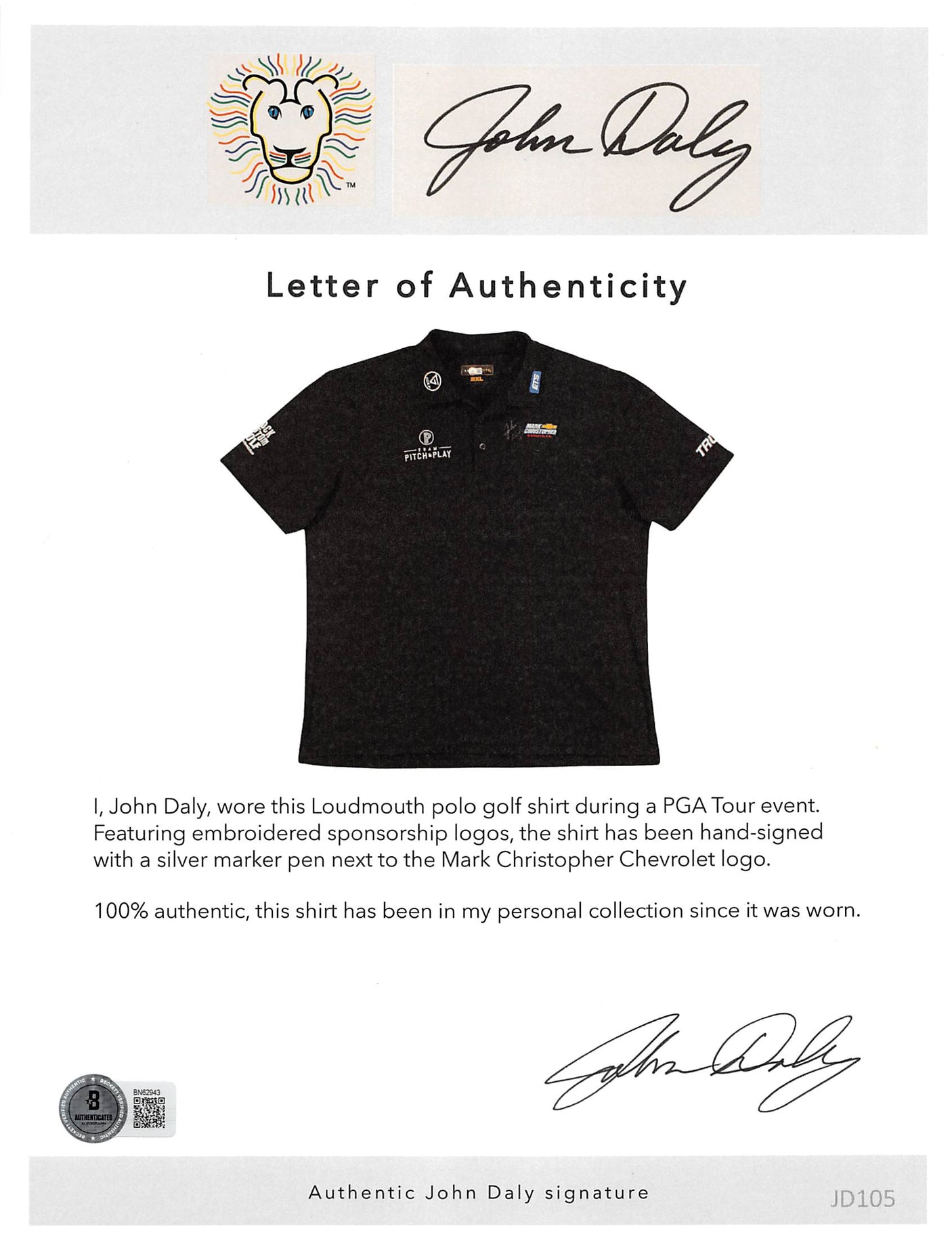 John Daly Authentic Signed Match Worn Black Loudmouth Polo Shirt BAS #BK84777