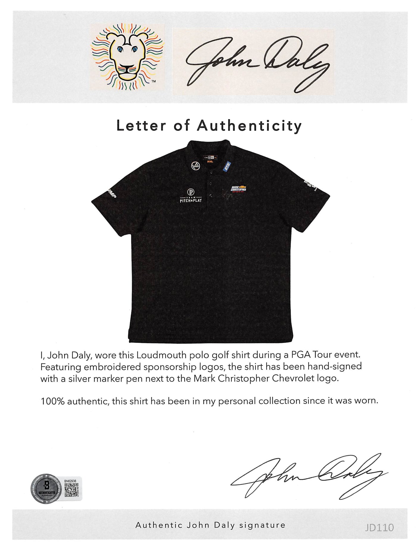 John Daly Authentic Signed Match Worn Black Loudmouth Polo Shirt BAS #BK84774