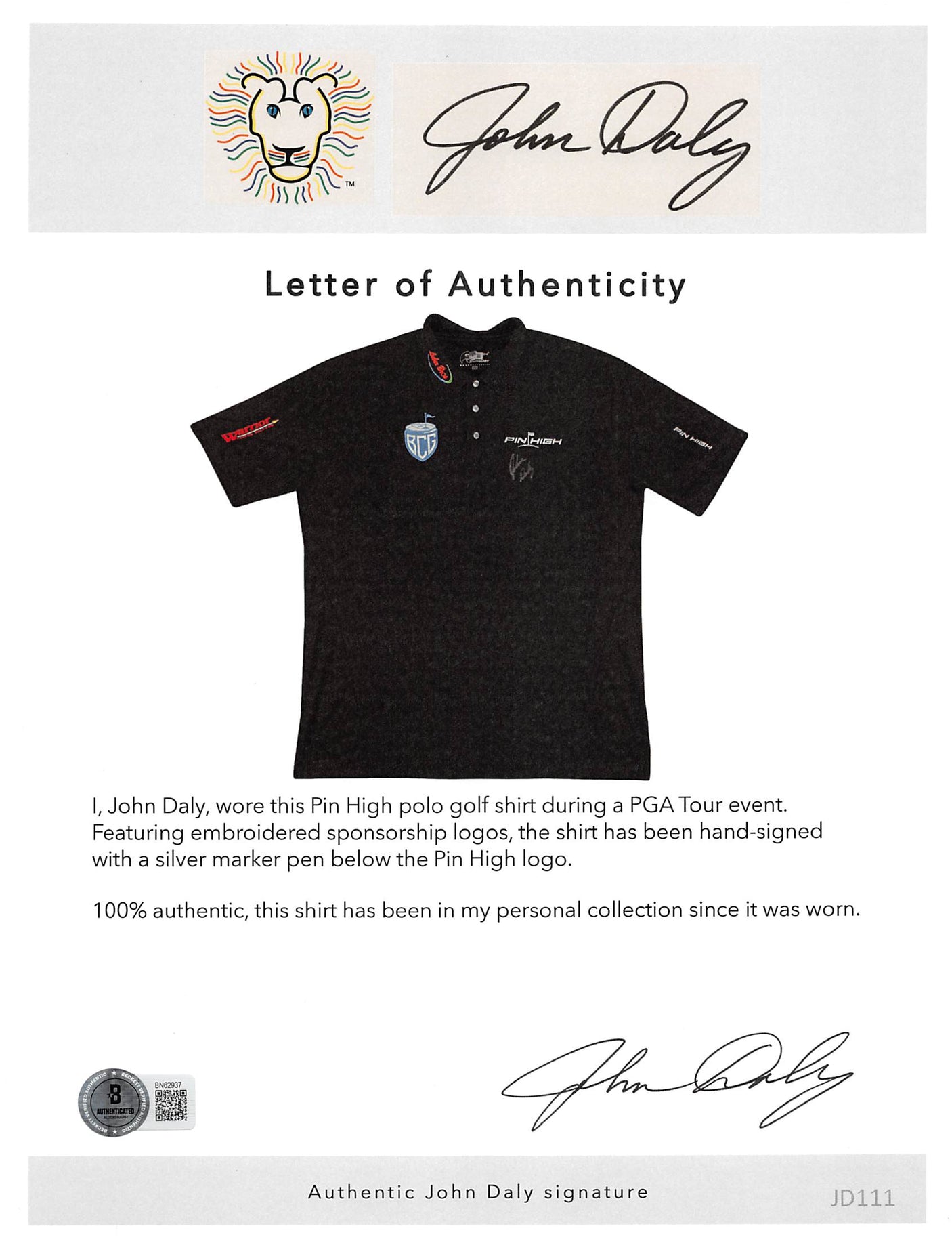 John Daly Authentic Signed Match Worn Black Pin High BCG Polo Shirt BAS #BK84772