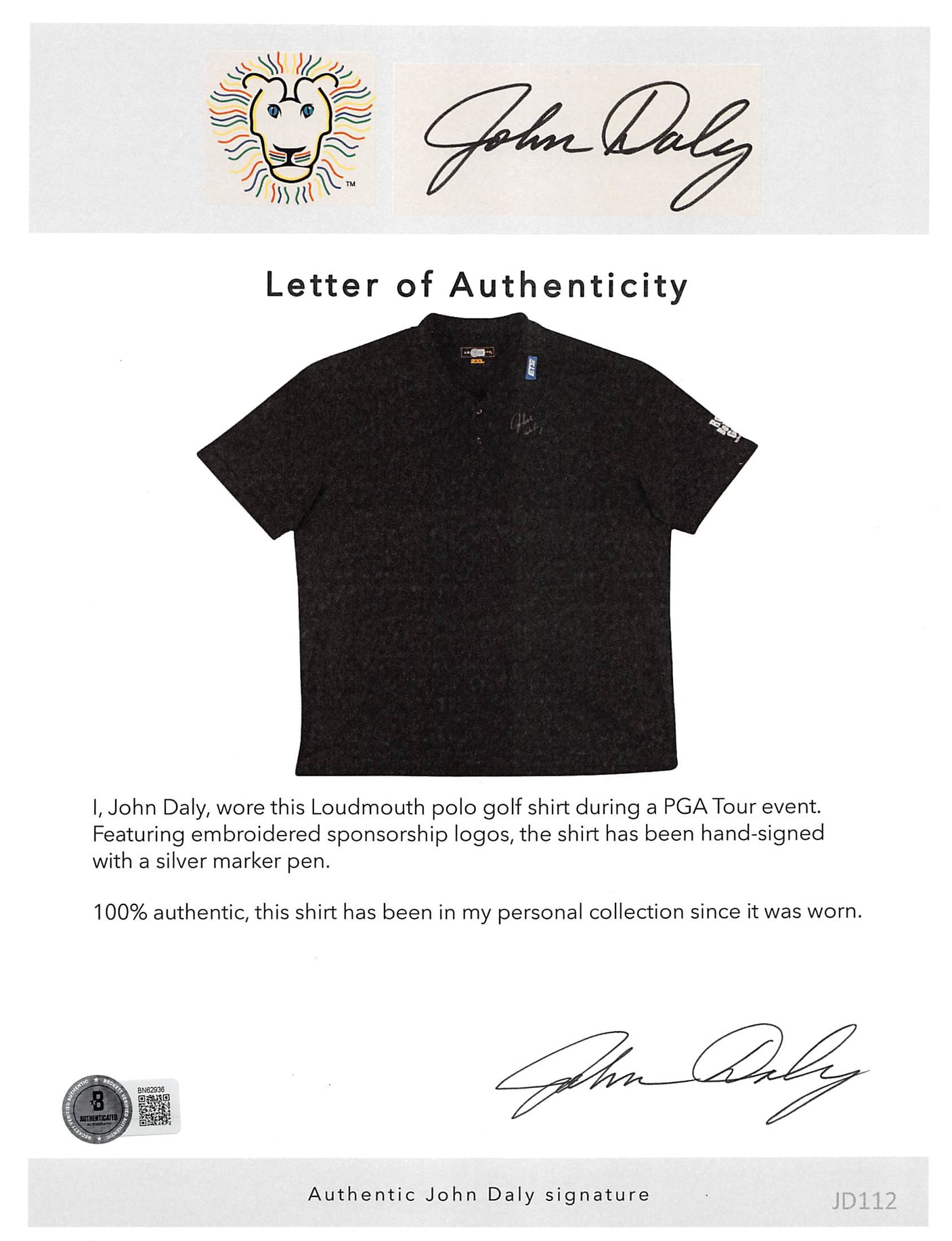 John Daly Authentic Signed Match Worn Black Loudmouth Polo Shirt BAS #BK84771