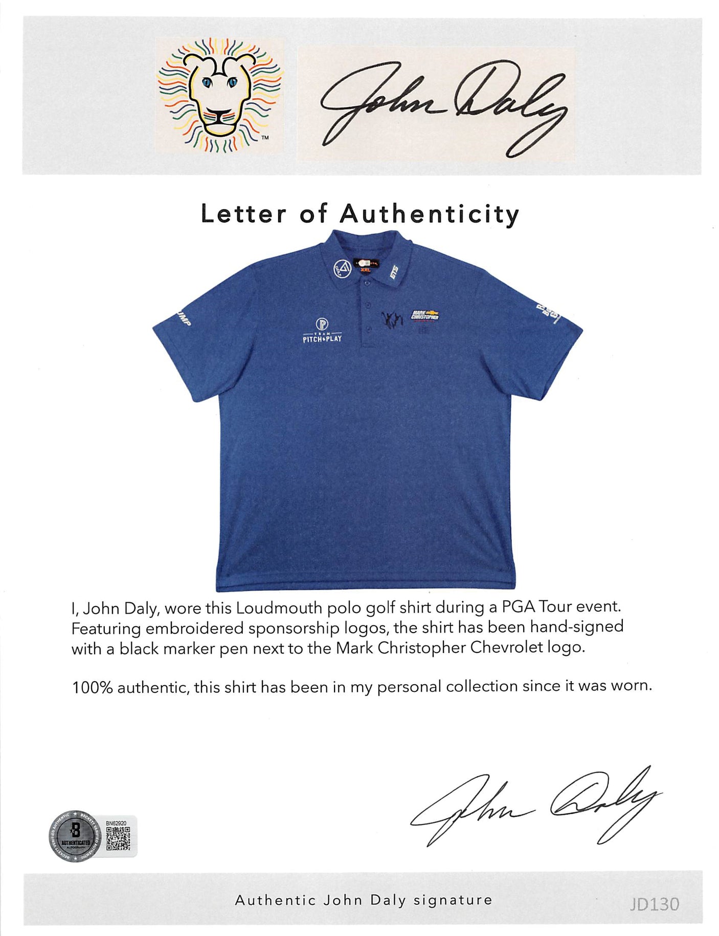 John Daly Authentic Signed Match Worn Blue Loudmouth Polo Shirt BAS #BK84736