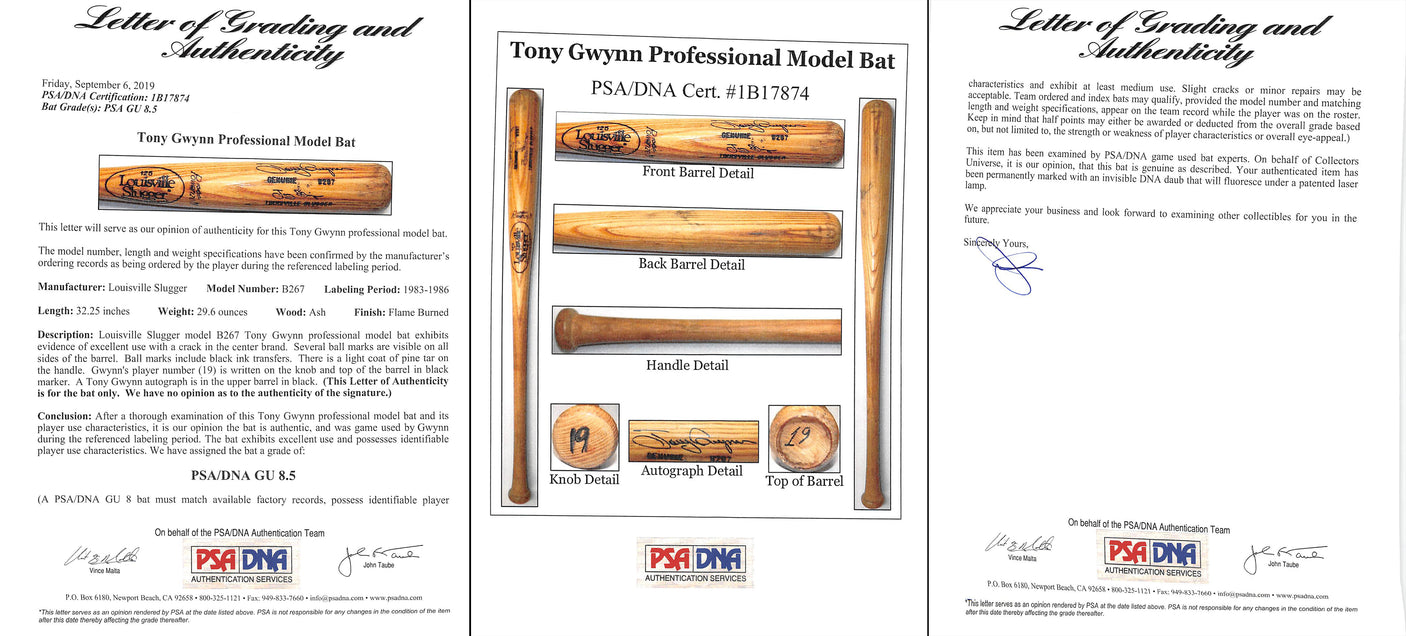 Tony Gwynn Signed 1983-1986 Rookie Era Game Used LS Bat Graded 8.5 PSA #1B17874