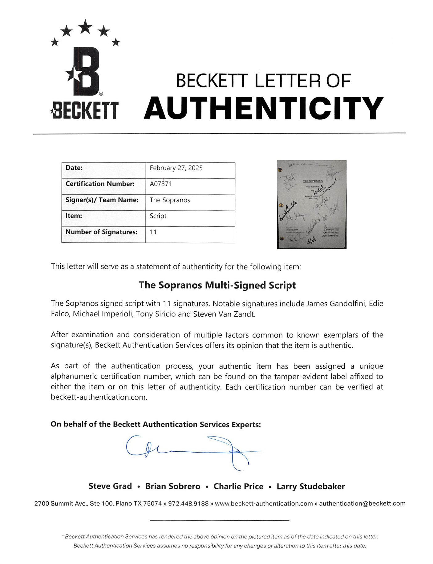 The Sopranos (11) Gandolfini, Falco, Imperioli +8 Signed Pilot Tv Script BAS LOA