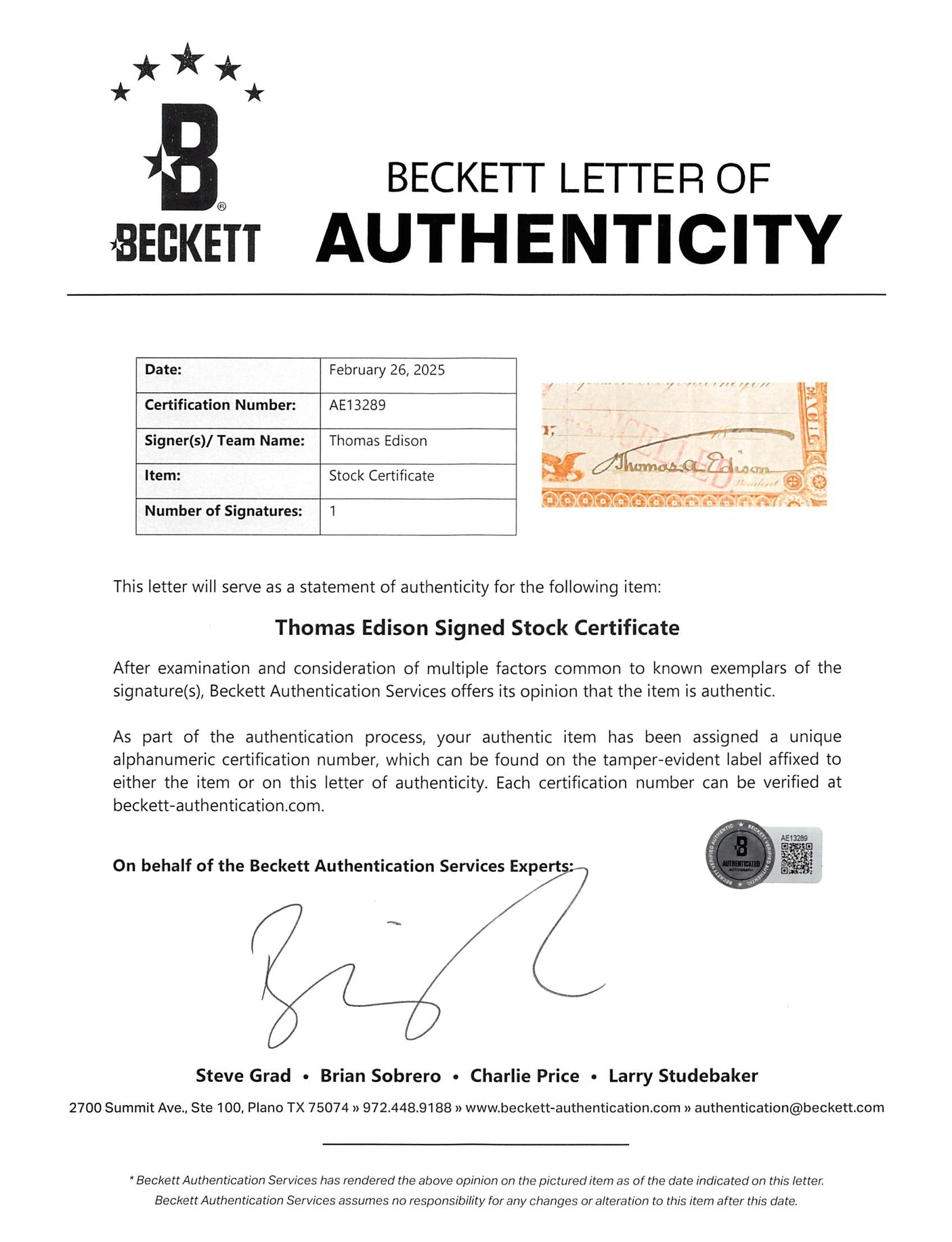 Thomas Edison Signed 5.75x14 Phonograph Works Stock Certificate BAS #AE13289