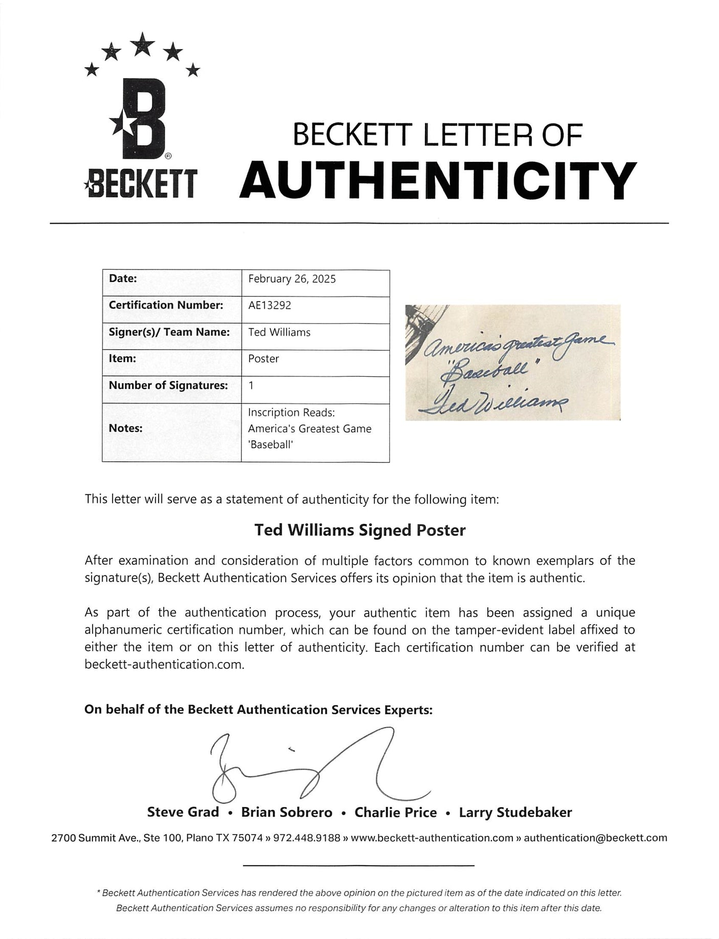 Ted Williams "America's Greatest Game" Signed 17.5x22 Lithograph BAS #AE13292