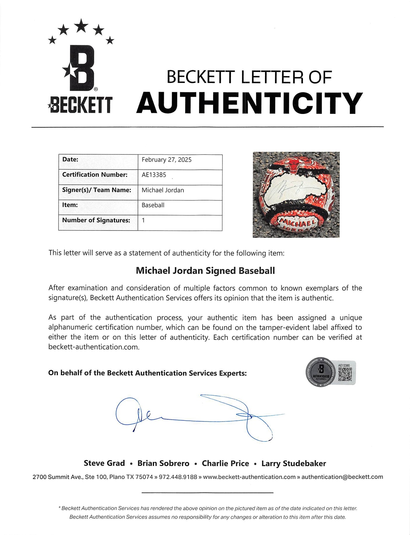 Bulls Michael Jordan Signed Charles Fazzino Artwork Baseball Auto 9 BAS #AE13385