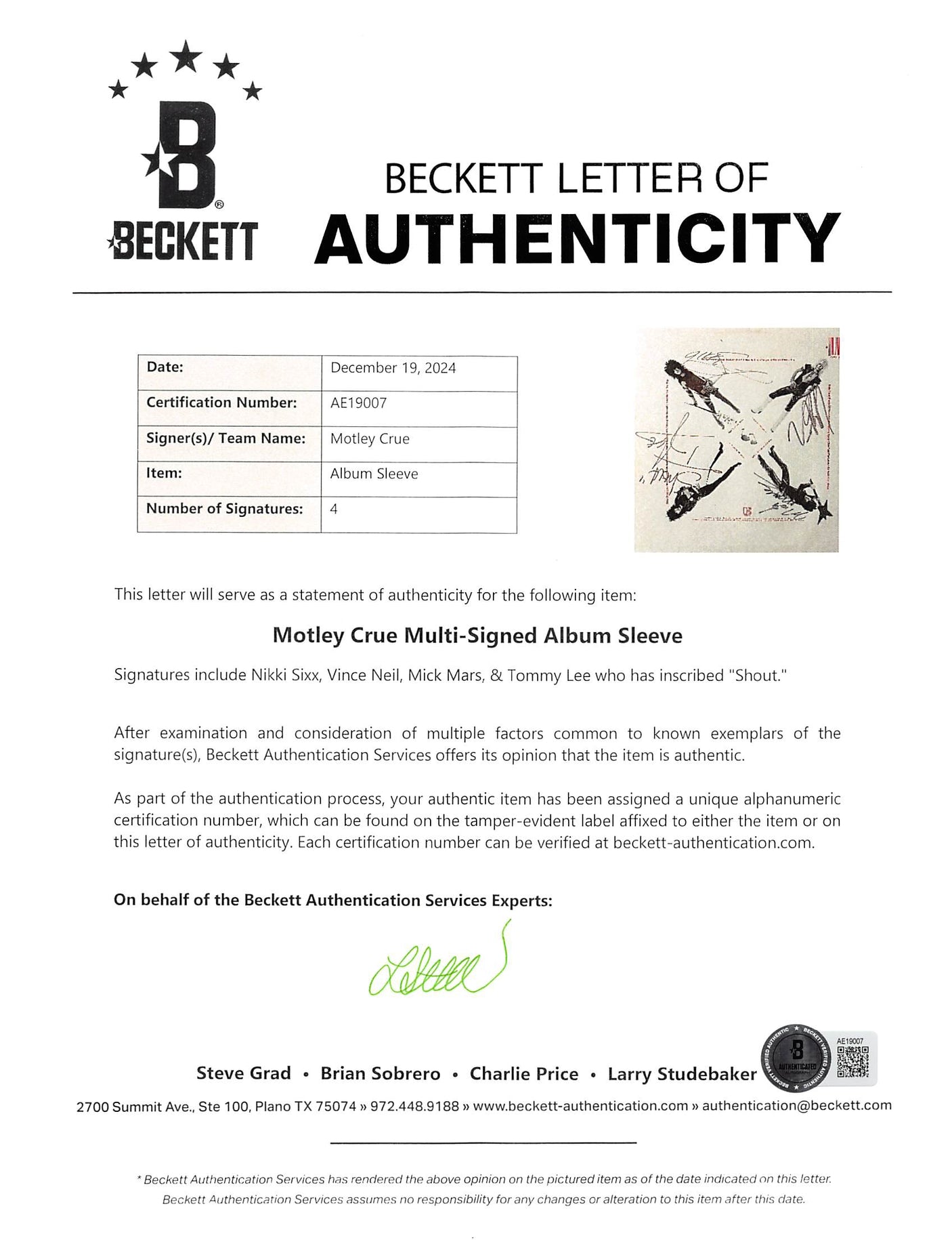 Motley Crue (4) Neil, Sixx, Lee & Mars Signed Album Cover W/ Vinyl BAS #AE19007