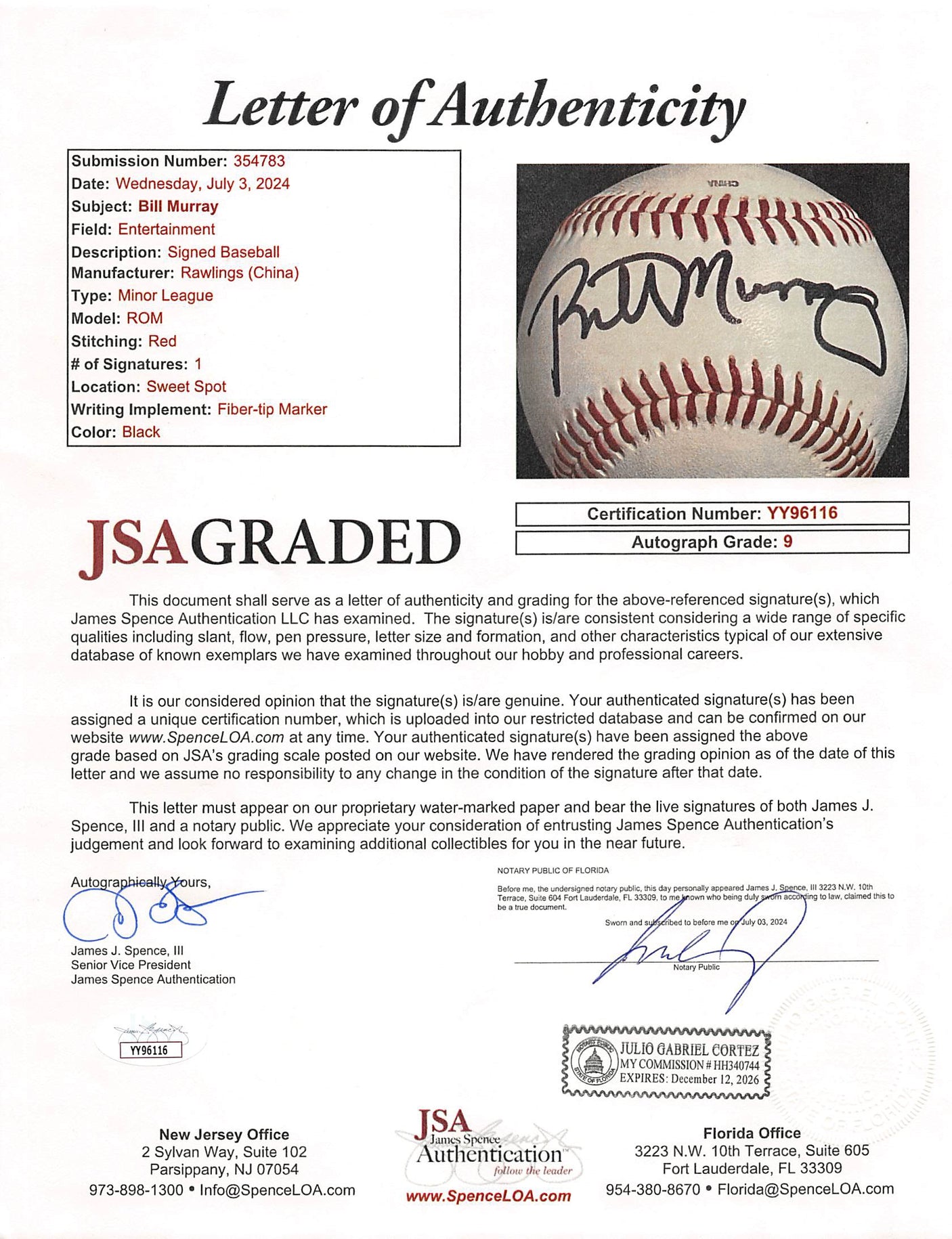 Bill Murray Caddyshack Authentic Signed Rawlings Baseball Auto 9! JSA #YY96116