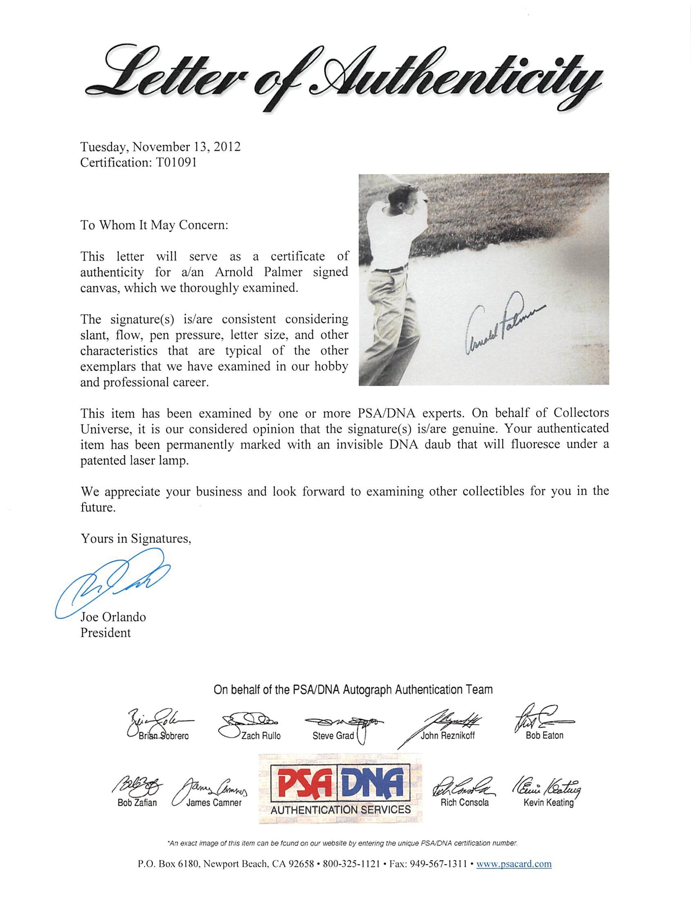 Arnold Palmer Authentic Signed 20x30 Framed Canvas Autographed PSA/DNA #T01091