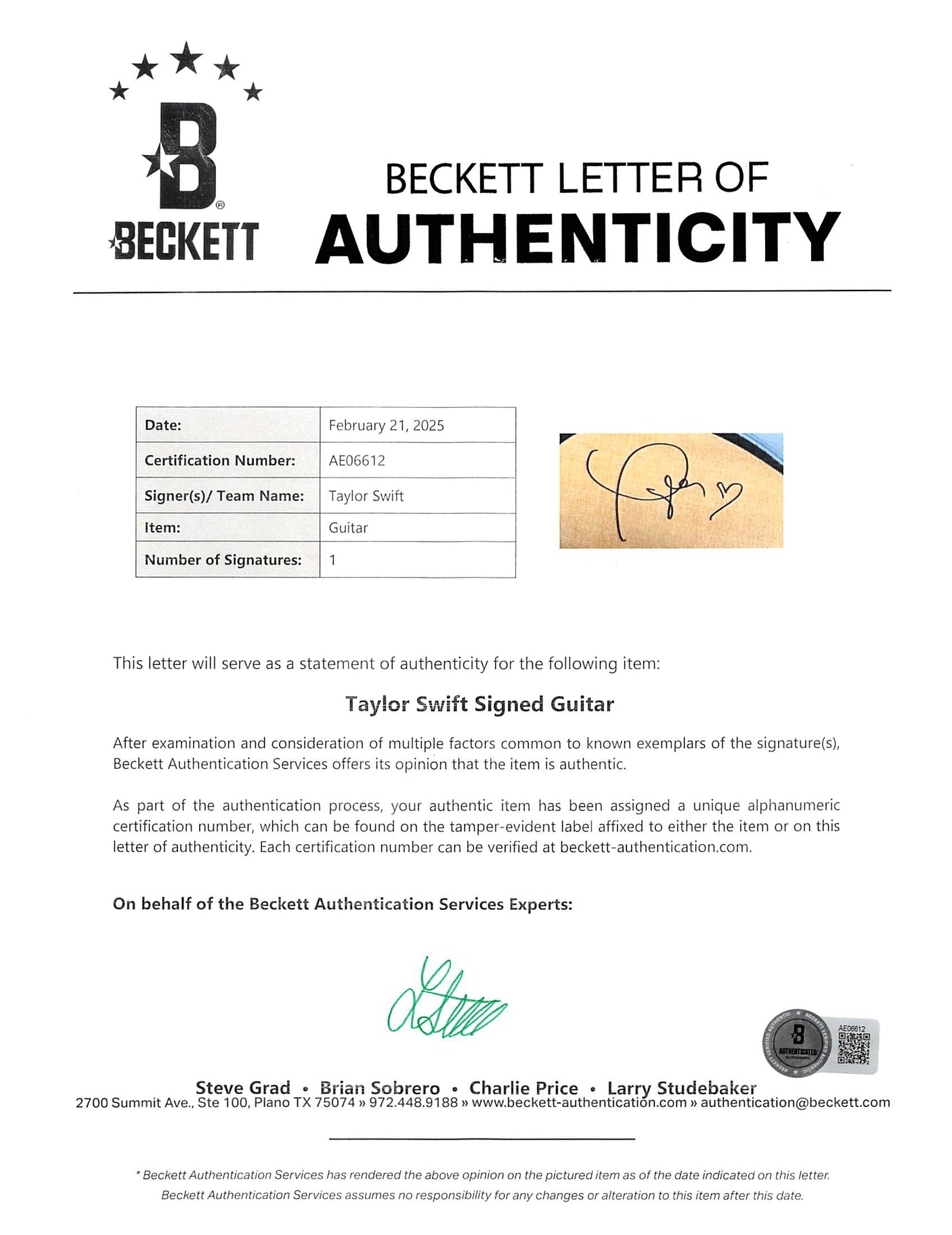 Taylor Swift Signed Baby Taylor Acoustic Guitar w/ Custom 1989 Case BAS LOA