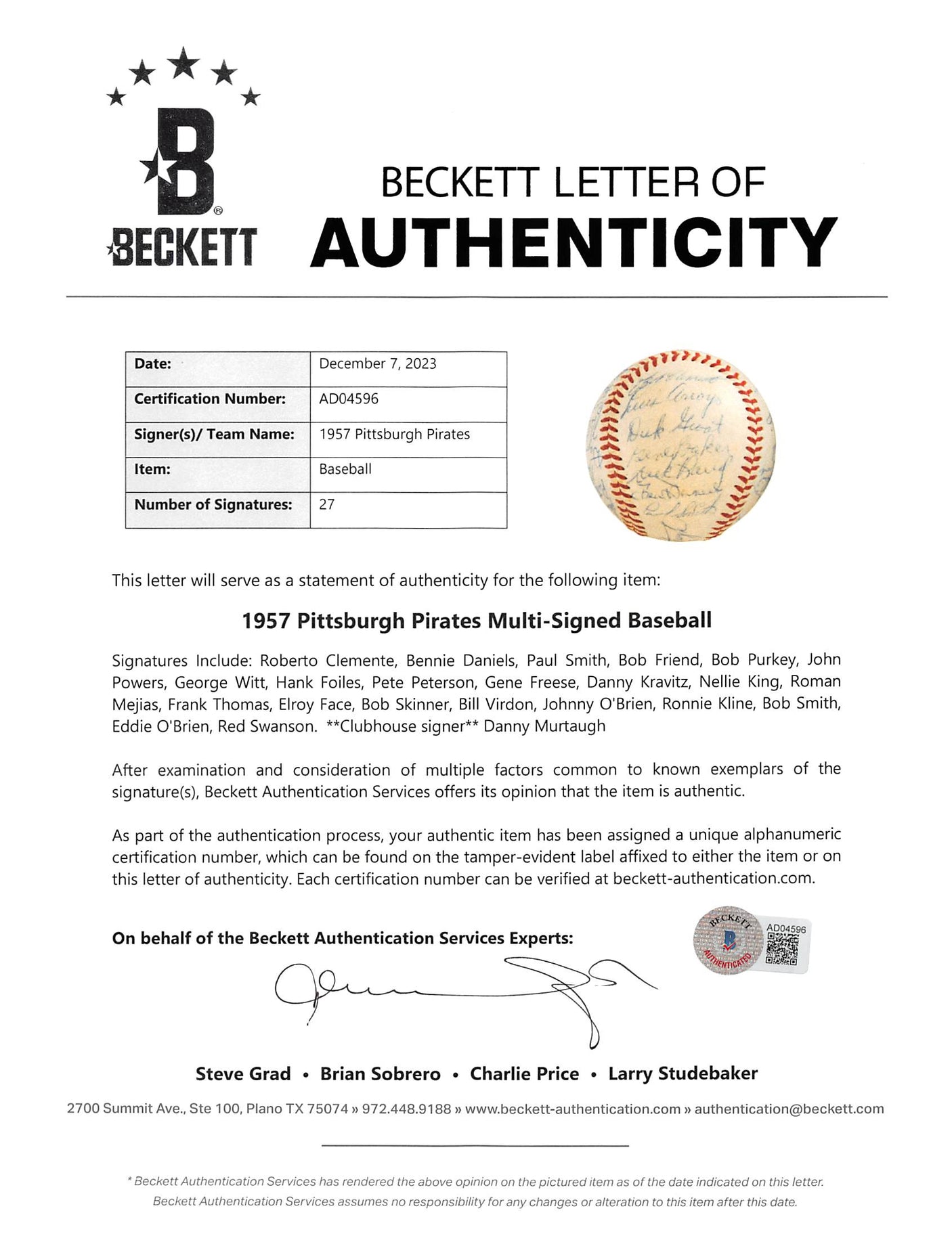 1957 Pirates (27) Clemente, Daniels, Smith, Friend Signed Giles Onl Baseball BAS