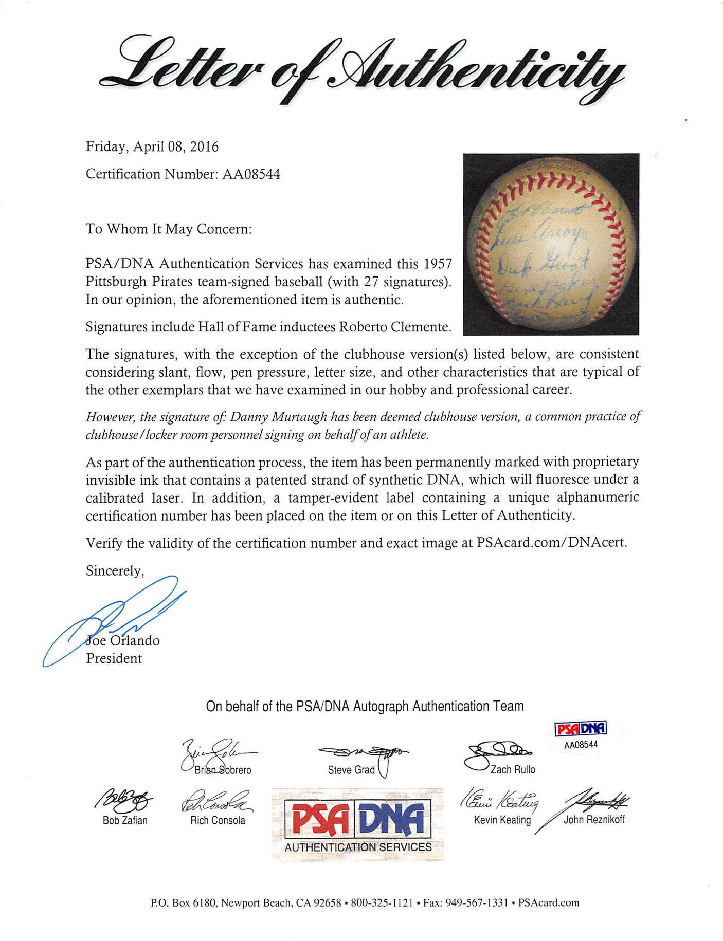 1957 Pirates (27) Clemente, Daniels, Smith, Friend Signed Giles Onl Baseball BAS