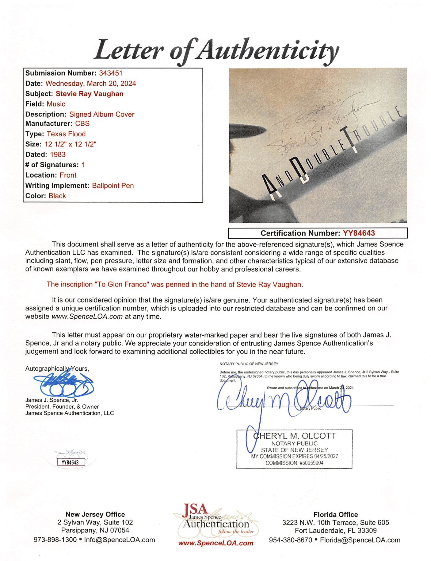 Stevie Ray Vaughan Double Trouble Signed Texas Flood Album Cover JSA #YY84643