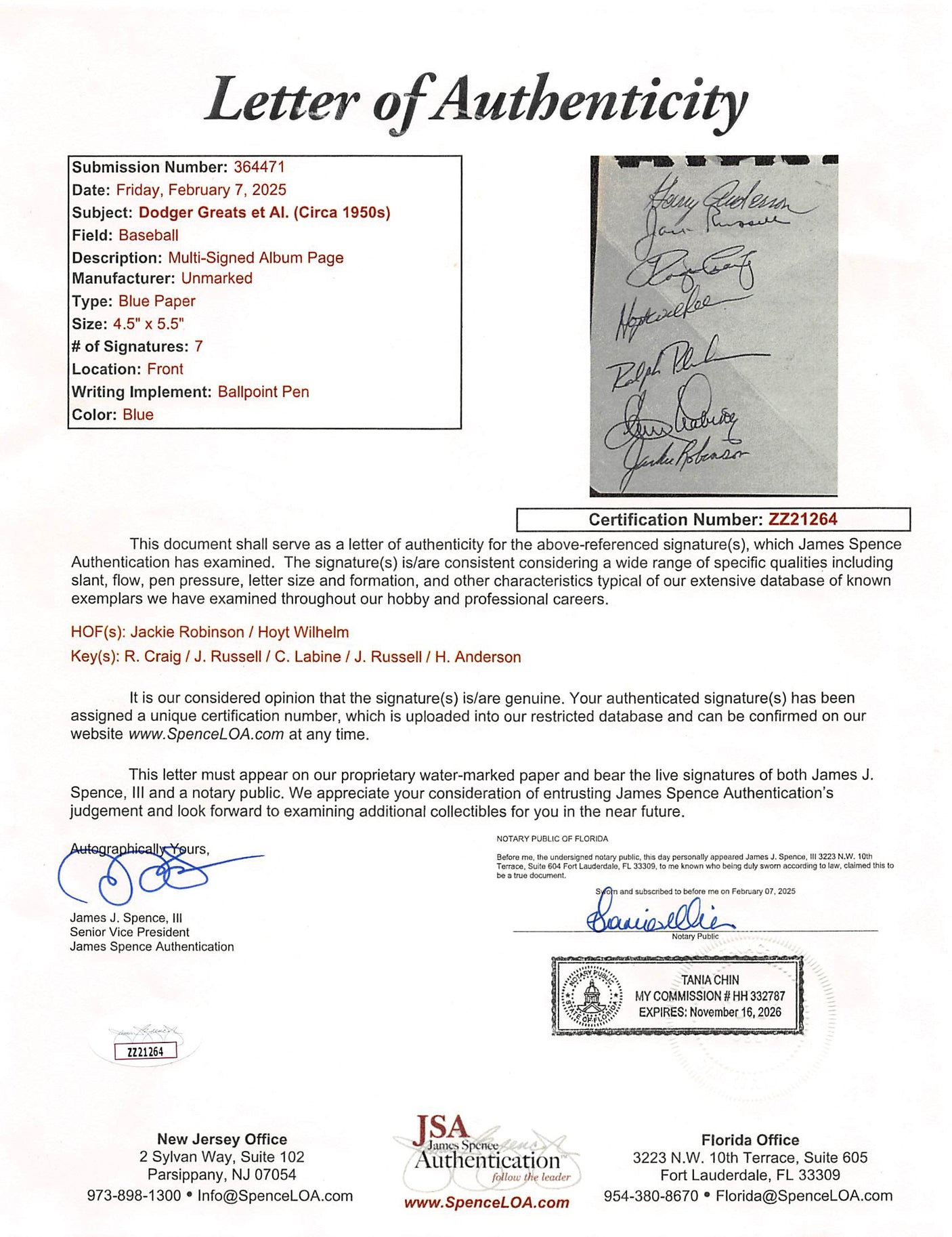 1950s Dodgers Jackie Robinson, Hoyt Wilhelm, +5 Signed Album Page JSA #ZZ21264