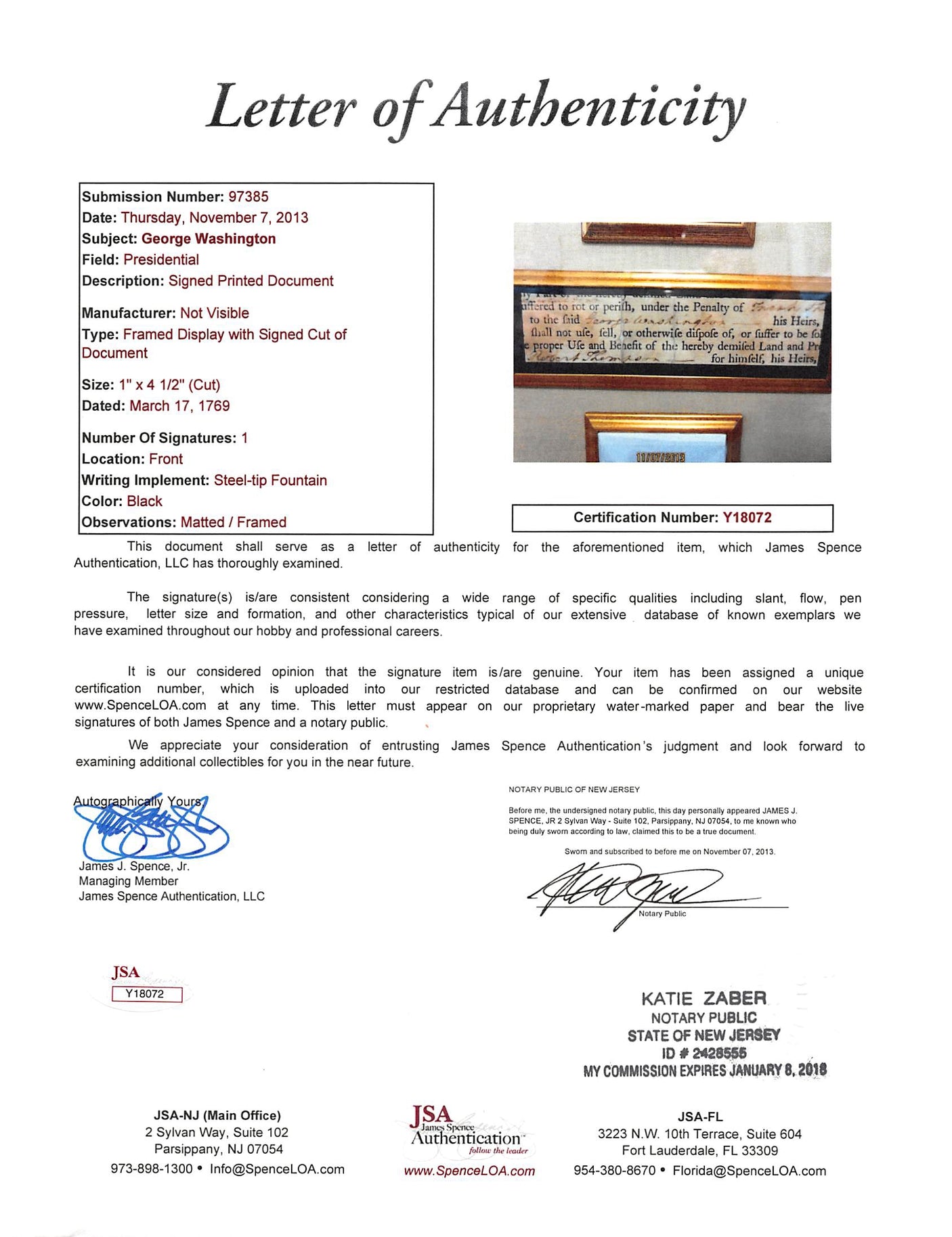 George Washington Signed 1x4.5 Cut Signature Framed Display JSA #Y18072