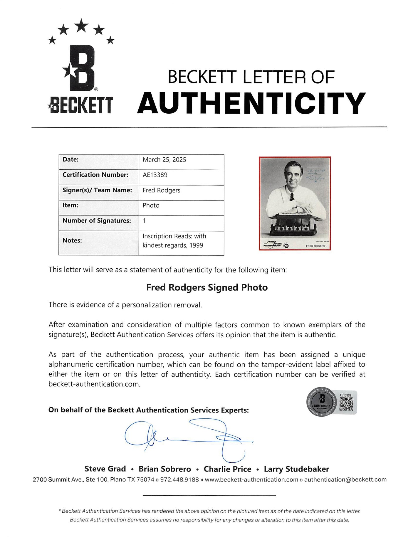 Fred Rogers Mister Rogers' Neighborhood Signed Framed 8x10 Photo BAS