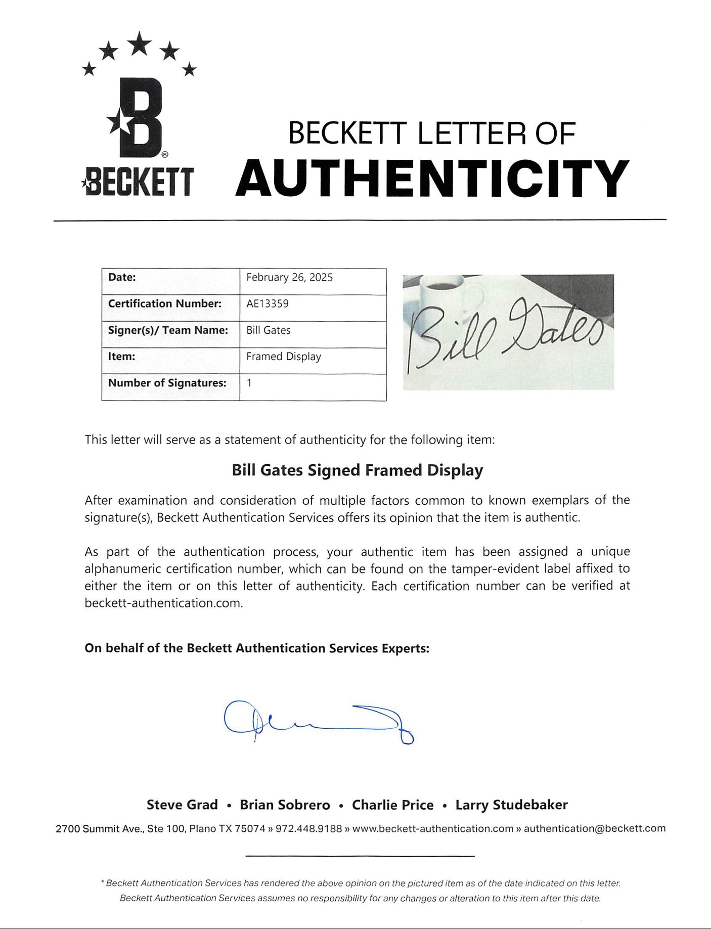 Microsoft Bill Gates Authentic Signed Photo Framed Display Autographed BAS COA 1