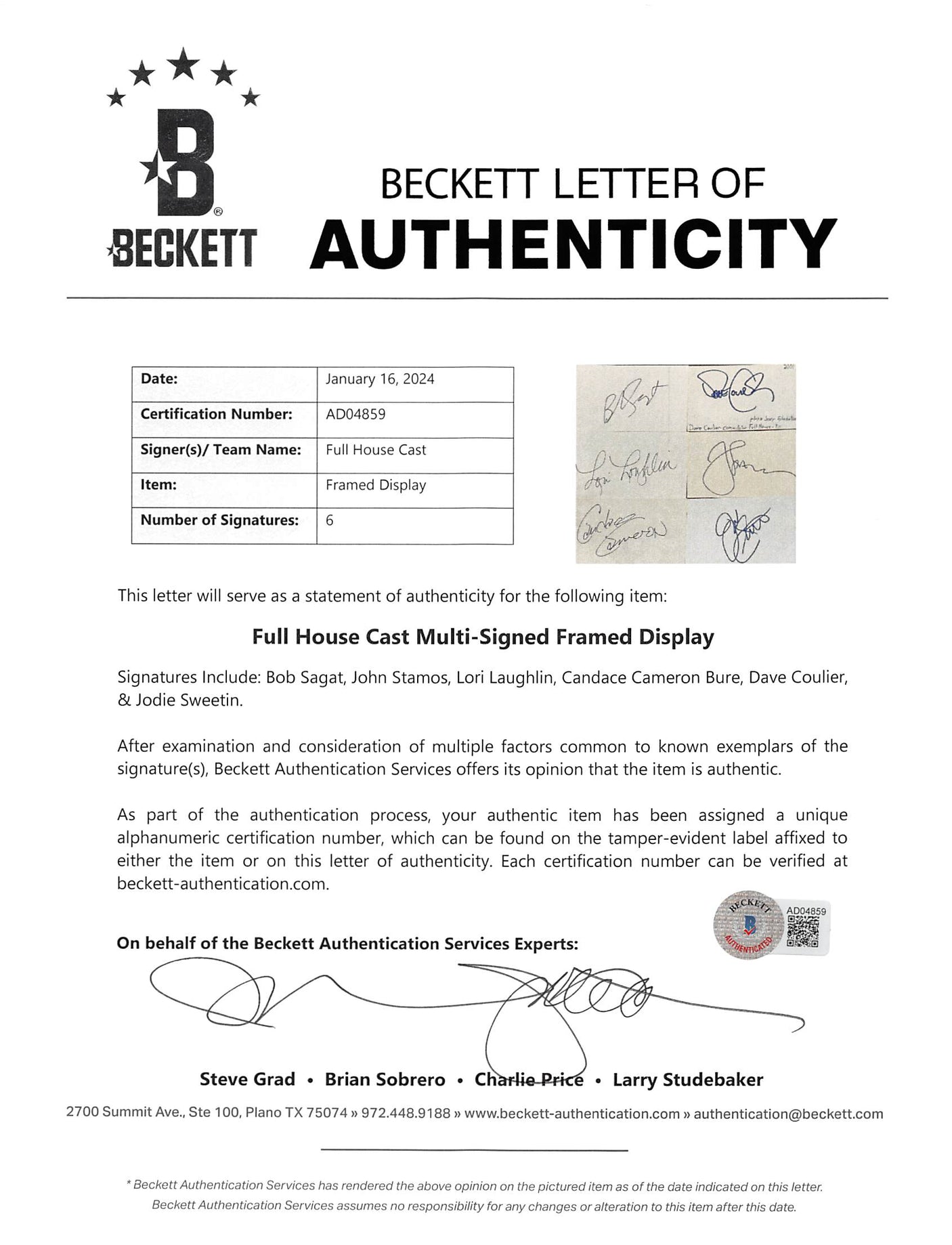 Full House (6) Saget, Stamos, Laughlin, Bure +2 Signed Framed Display BAS LOA