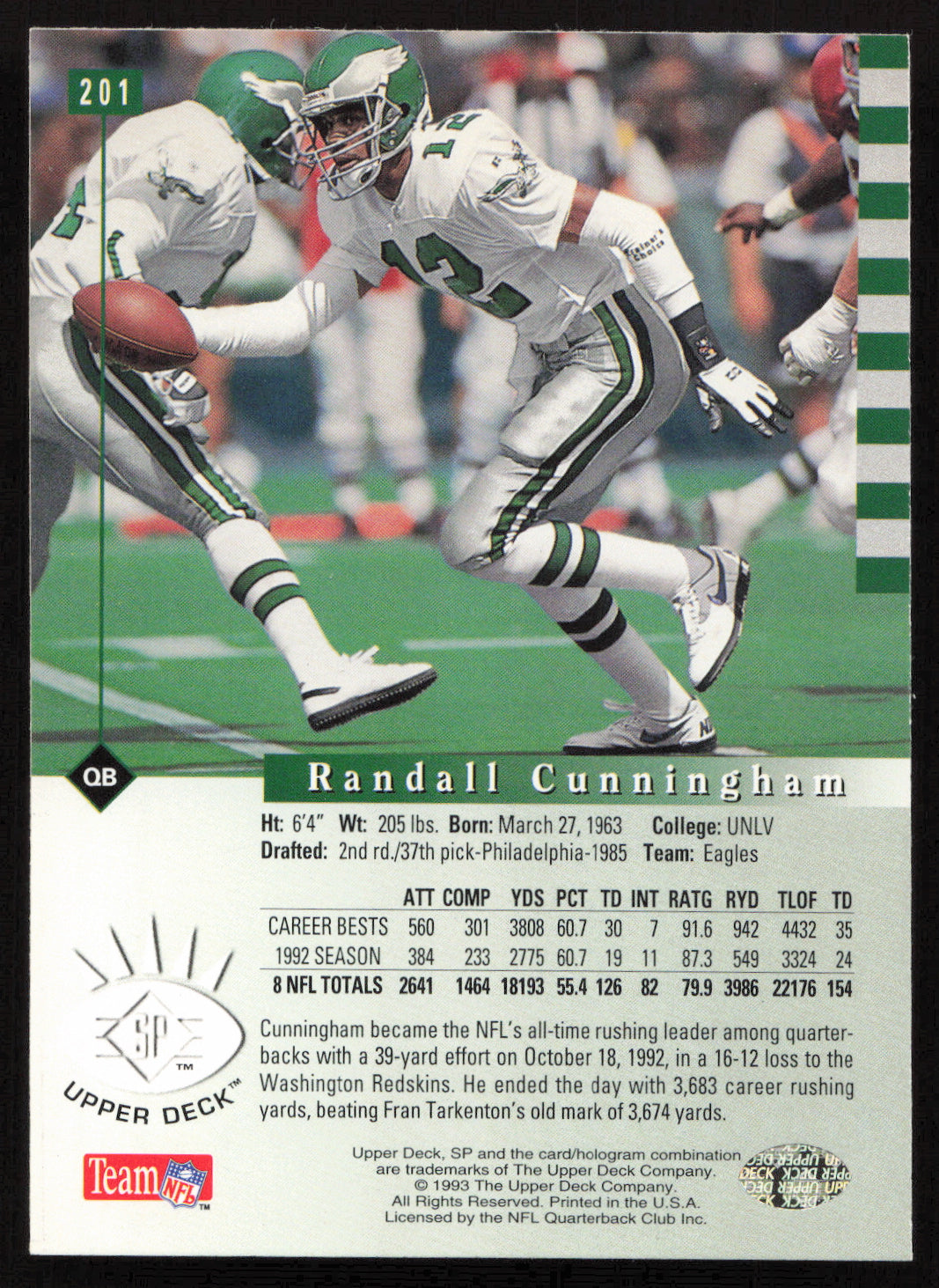 Randall Cunningham Autographed 1993 Upper Deck SP Card #201 Philadelphia Eagles SKU #260696