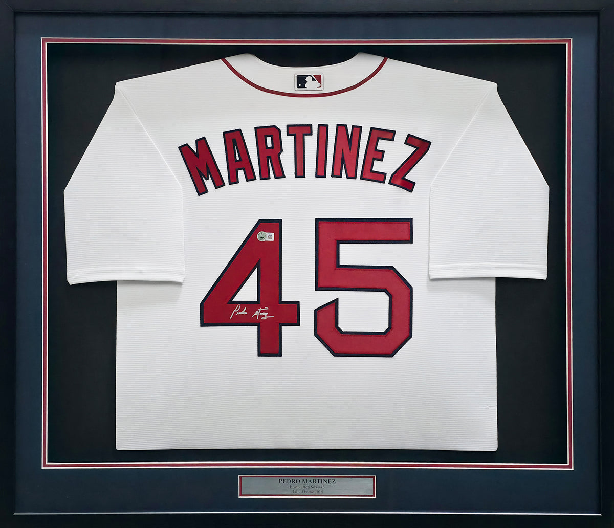 Boston Red Sox Pedro Martinez Autographed Framed White Nike Jersey Beckett BAS Witness Stock #267459