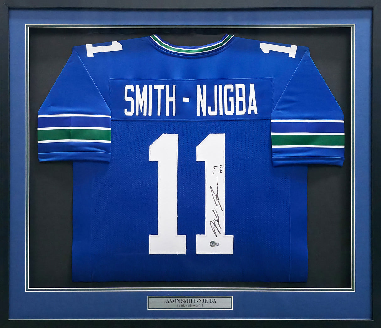 Seattle Seahawks Jaxon Smith-Njigba Autographed Framed Blue Jersey Beckett BAS QR Stock #267809