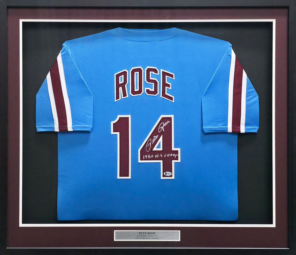 Philadelphia Phillies Pete Rose Autographed Framed Baby Blue Jersey "1980 WS Champs" Beckett BAS Stock #267808