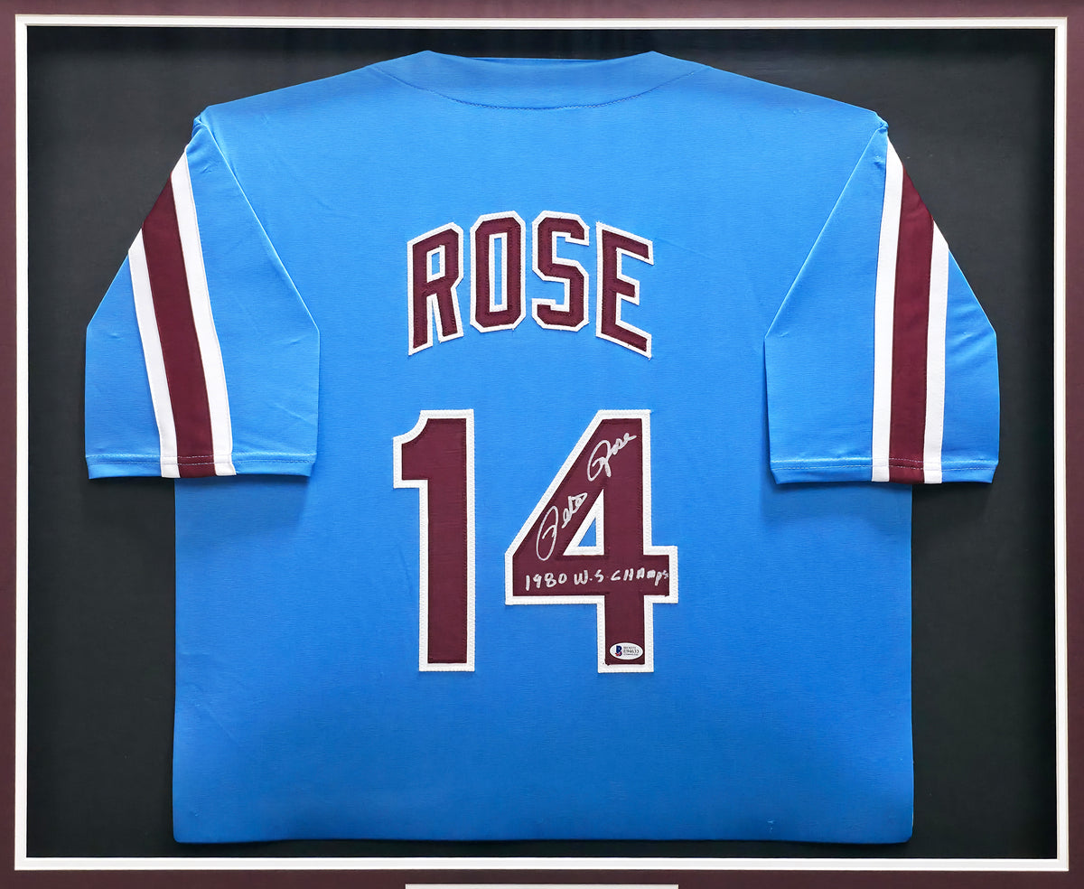 Philadelphia Phillies Pete Rose Autographed Framed Baby Blue Jersey "1980 WS Champs" Beckett BAS Stock #267808