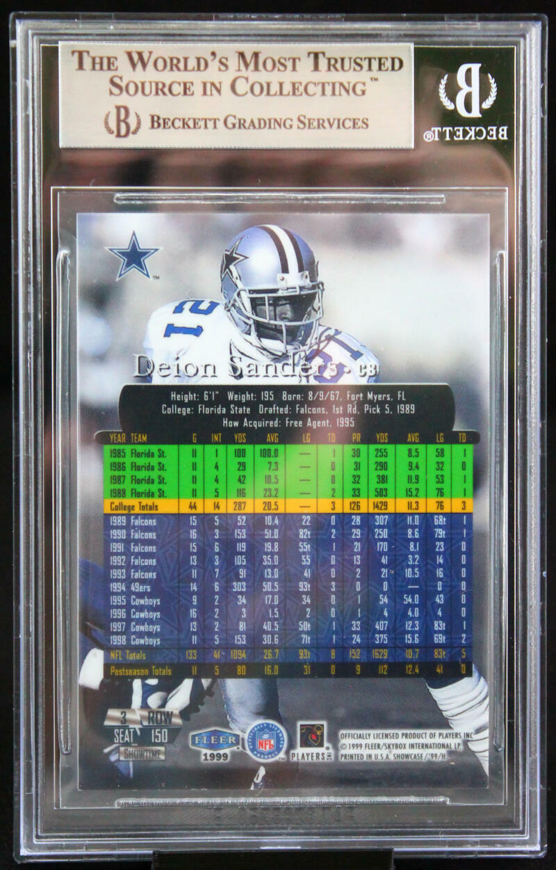 1999 Flair Showcase #150 Deion Sanders Dallas Cowboys BGS Autograph 10