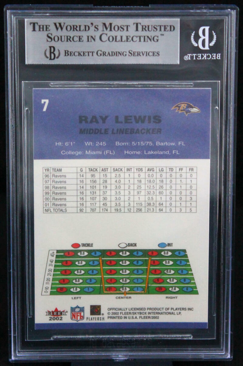 2002 Fleer Tradition #7 Ray Lewis Baltimore Ravens BGS Autograph 10