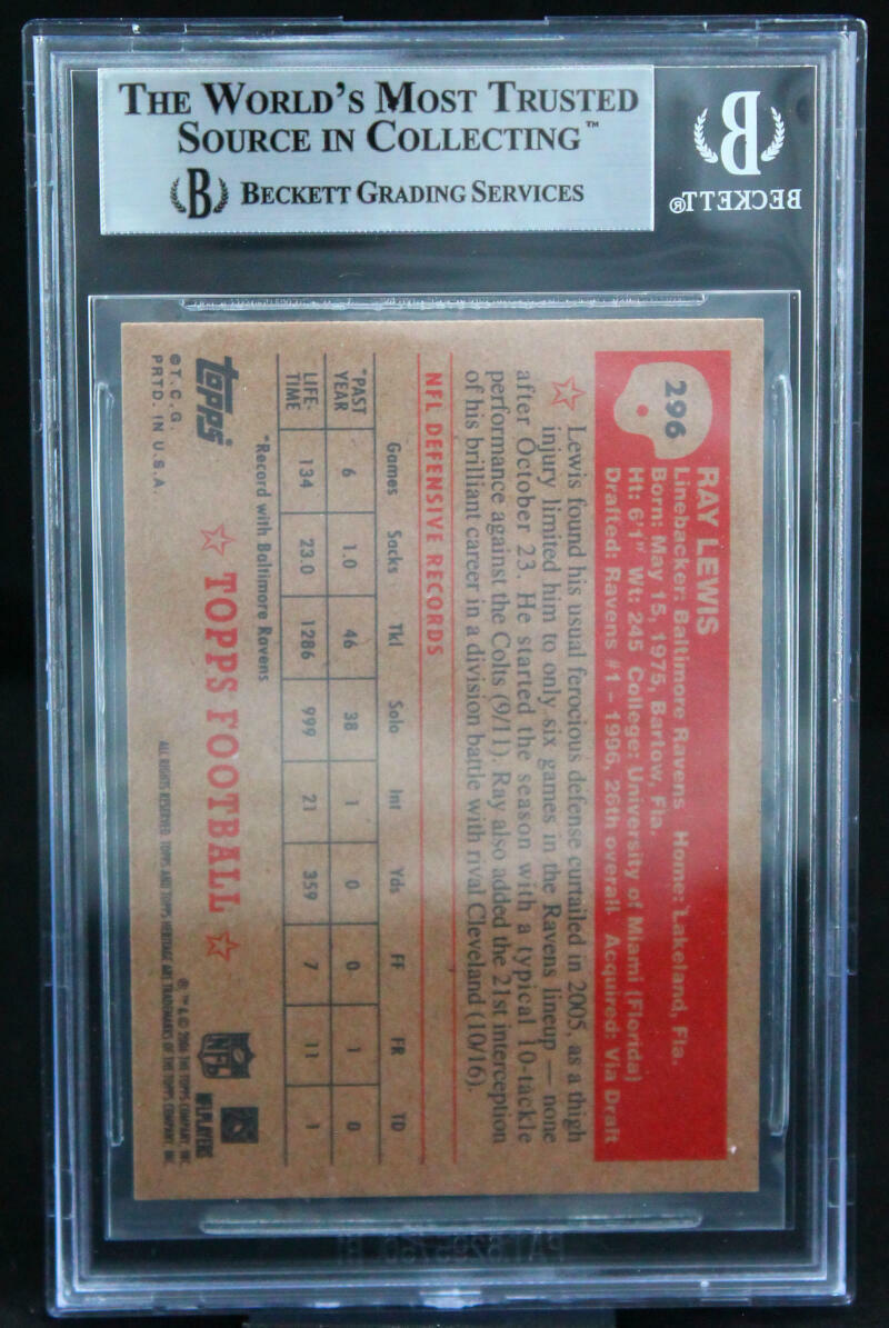 2006 Topps Heritage #296 Ray Lewis Baltimore Ravens BGS Autograph 10