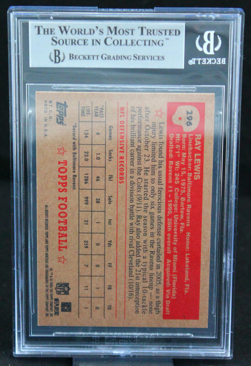 2006 Topps Heritage #296 Ray Lewis Baltimore Ravens BGS Autograph 10