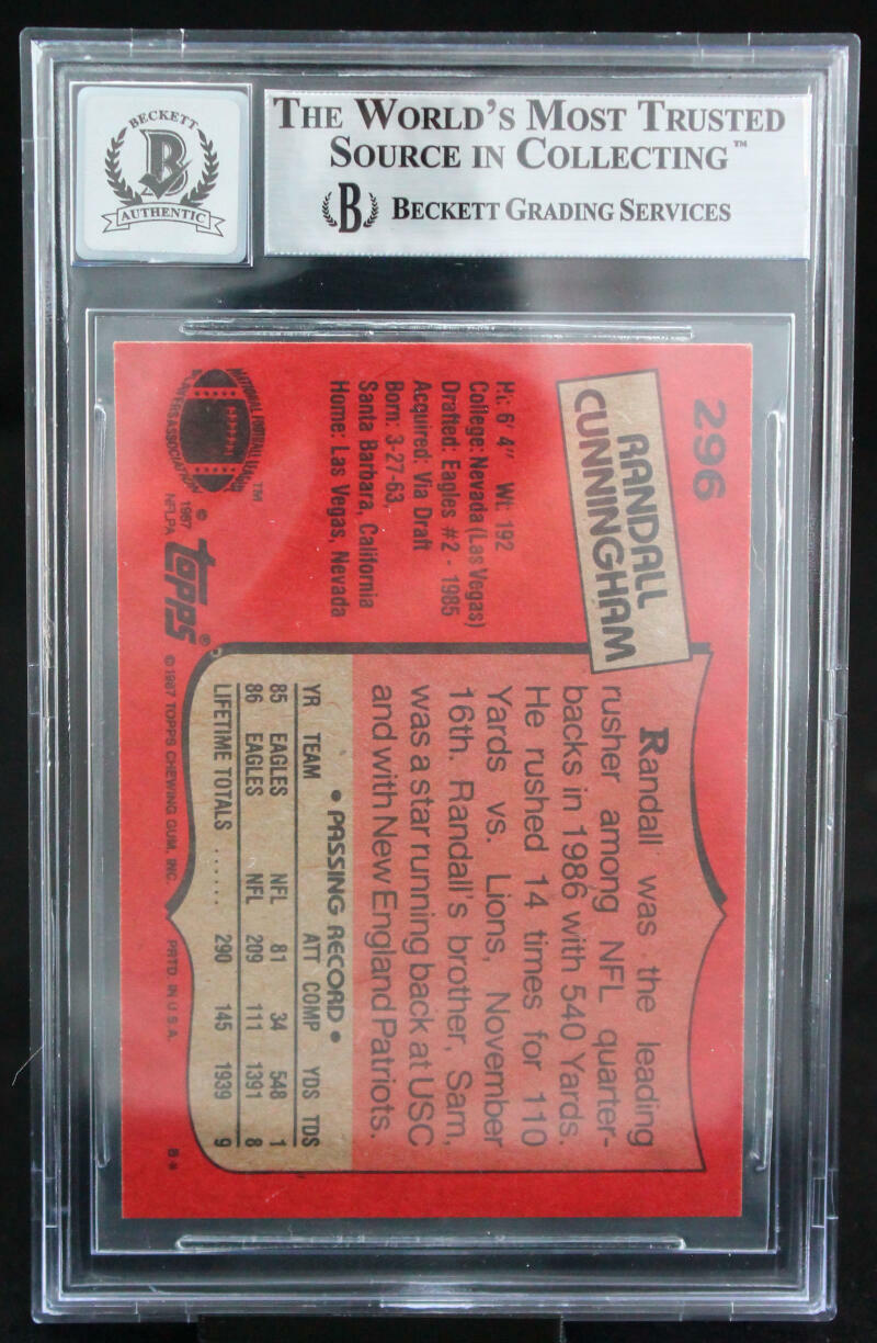 1987 Topps #296 Randall Cunningham Philadelphia Eagles BGS Autograph 10