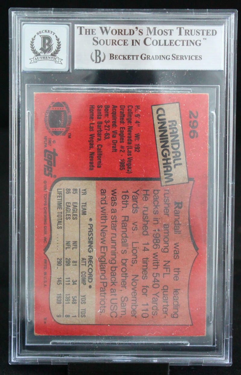 1987 Topps #296 Randall Cunningham Philadelphia Eagles BGS Autograph 10