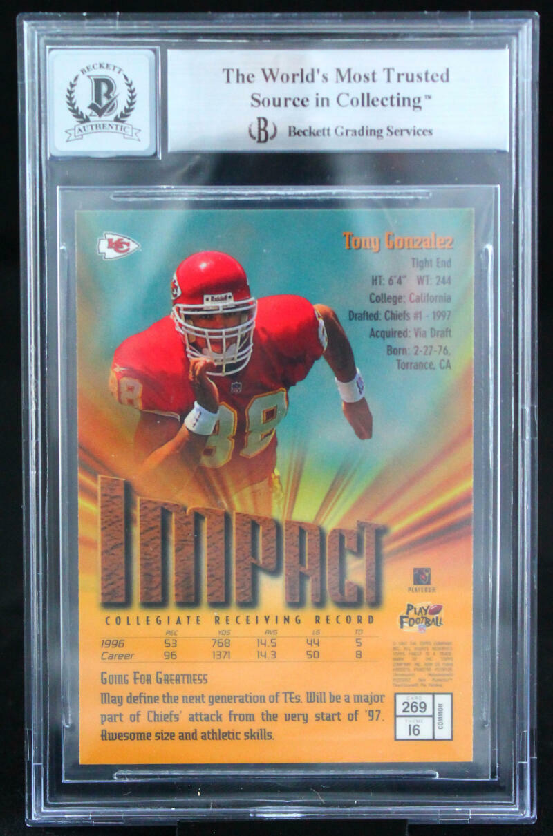 1997 Finest #269 Tony Gonzalez Kansas City Chiefs BGS Autograph 10
