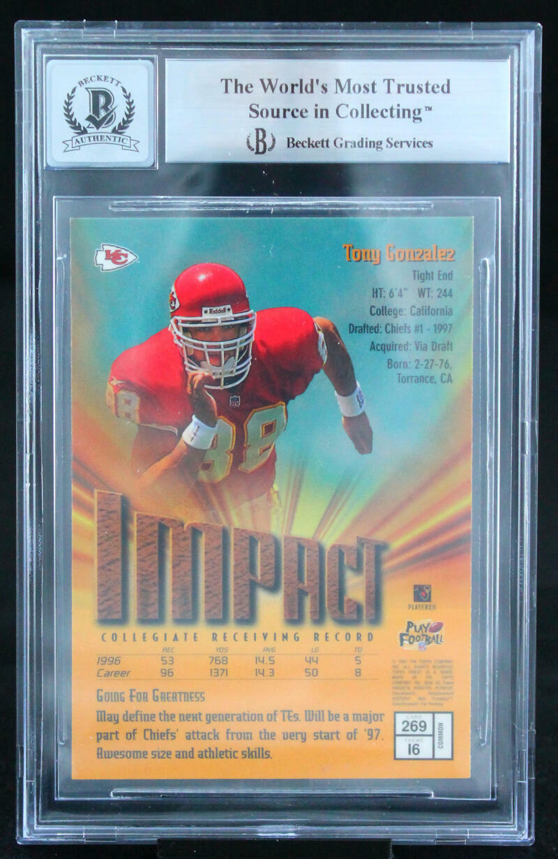 1997 Finest #269 Tony Gonzalez Kansas City Chiefs BGS Autograph 10
