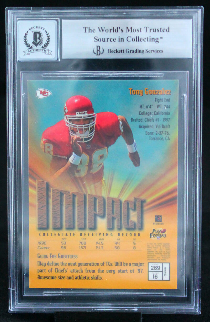 1997 Finest #269 Tony Gonzalez Kansas City Chiefs BGS Autograph 10