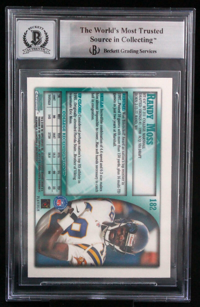 1998 Bowman Chrome #182 Randy Moss Minnesota Vikings BGS Autograph 10