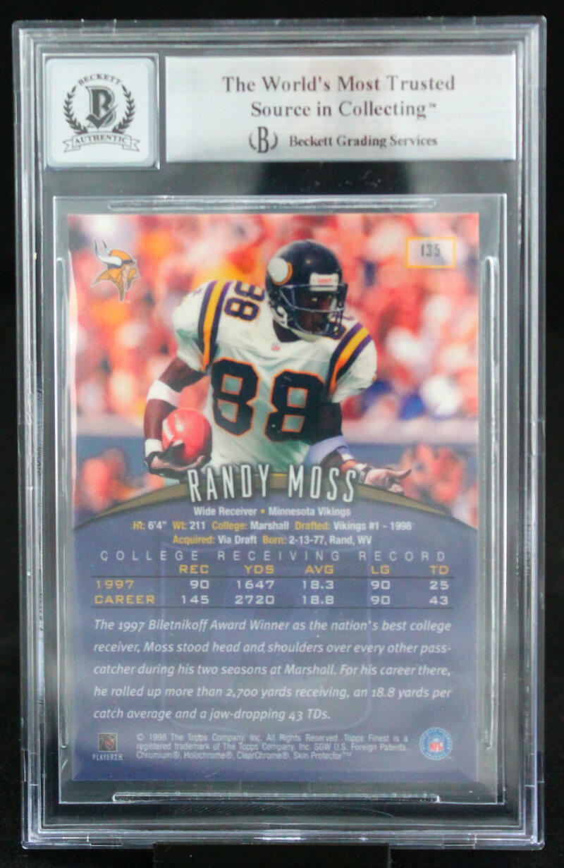 1998 Topps Finest #135 Randy Moss Minnesota Vikings BGS Autograph 10