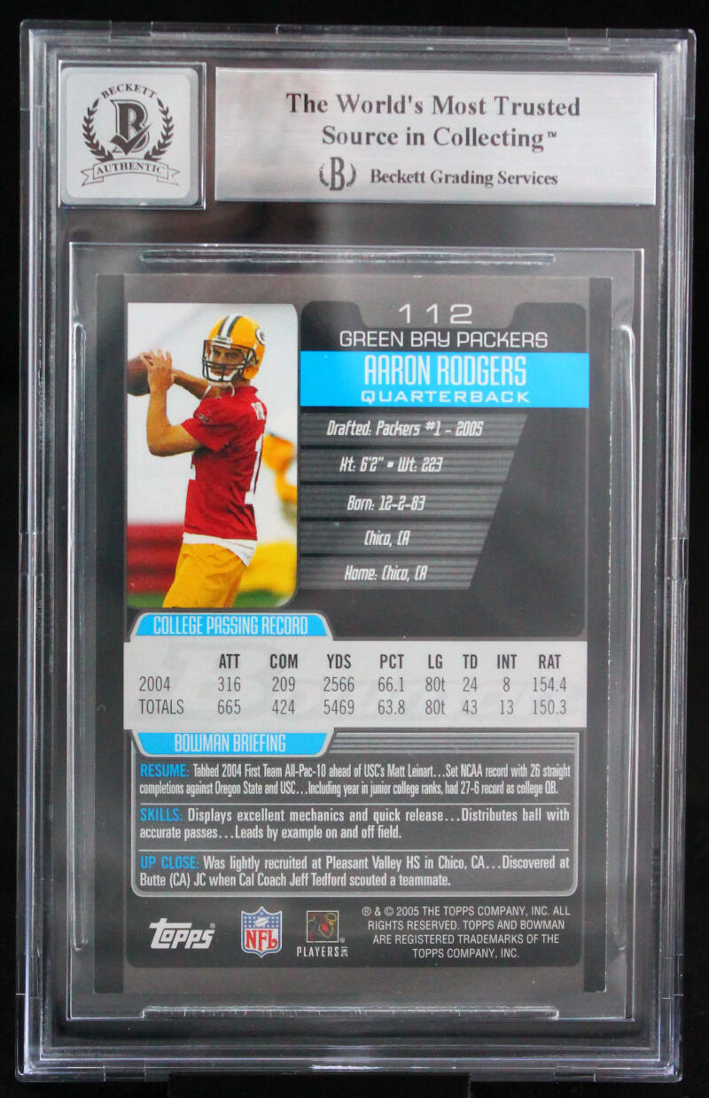 2005 Bowman #112 Aaron Rodgers Green Bay Packers BGS Autograph 10