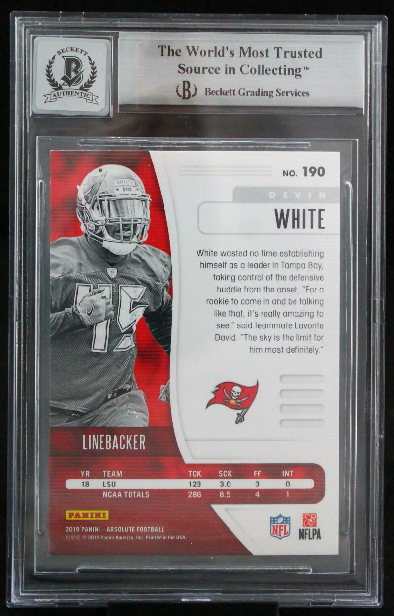 2019 Absolute Blue #190 Devin White Tampa Bay Buccaneers BGS Autograph 10